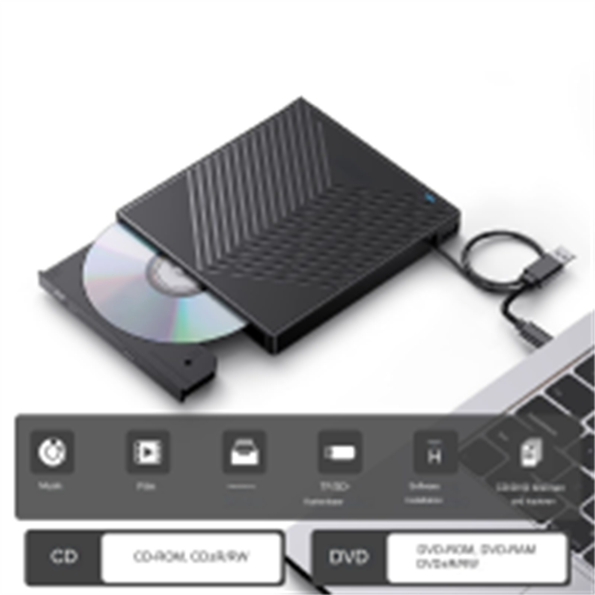 Schwarzes externes CD/DVD-Laufwerk mit eingelegter CD, angeschlossen an einen Laptop.