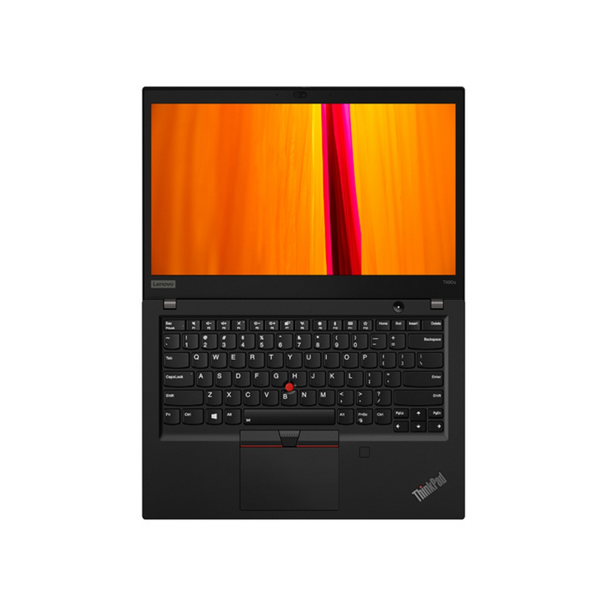 Laptop Lenovo ThinkPad nero, vista dall'alto, con tastiera, touchpad e schermo luminoso e colorato.