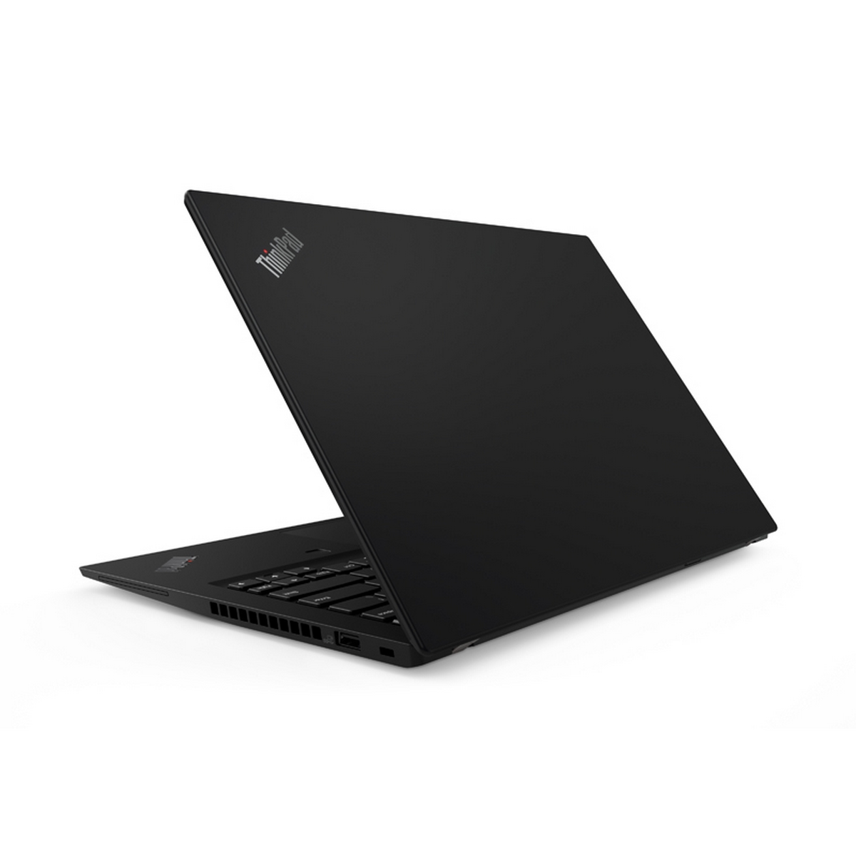 Laptop Lenovo ThinkPad nero chiuso da un'angolazione laterale, che mostra la tastiera.