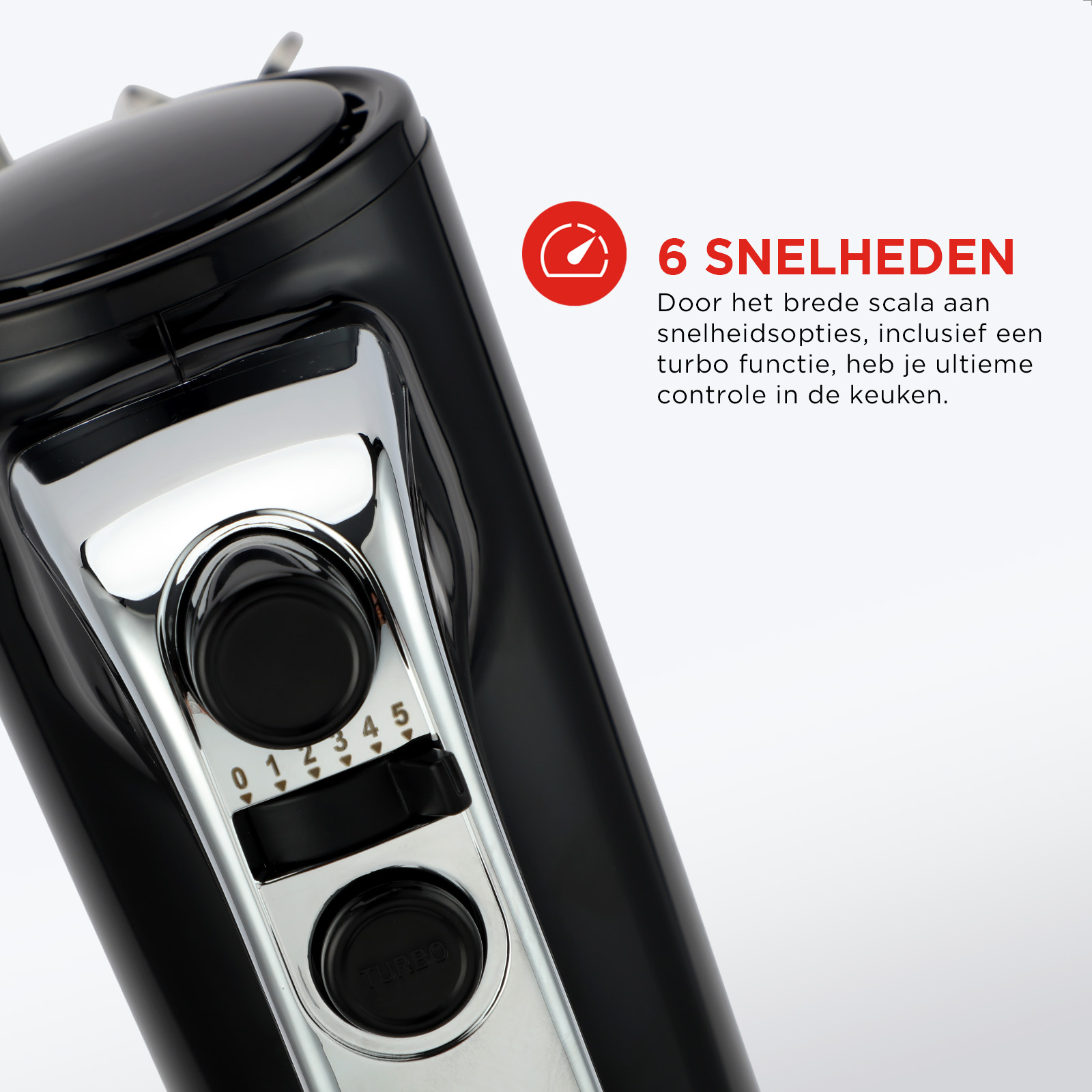 A black hand mixer showing the dial with 6 speeds and a turbo button.