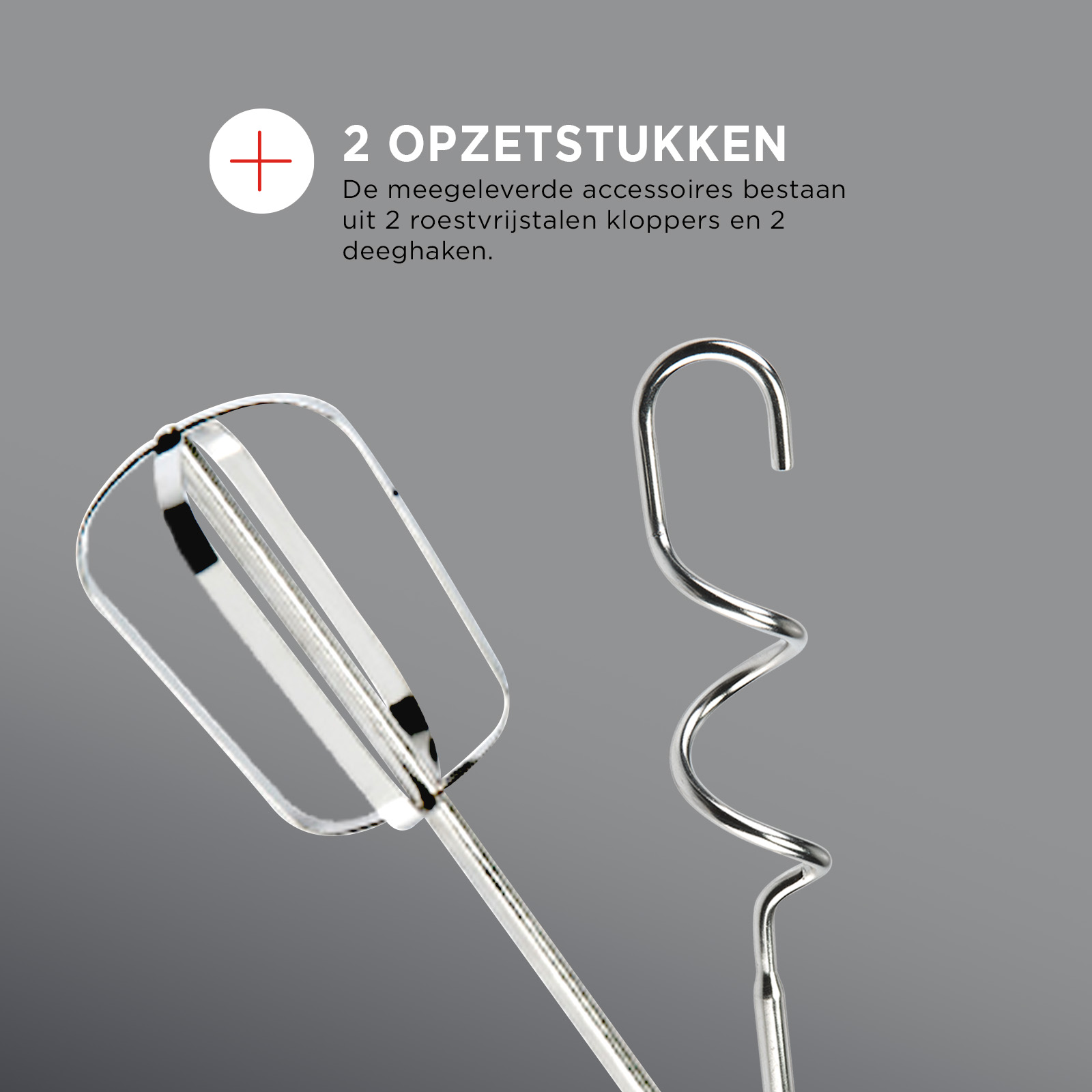 Silver mixing attachments for a mixer on a grey background. Plus sign and text at top.