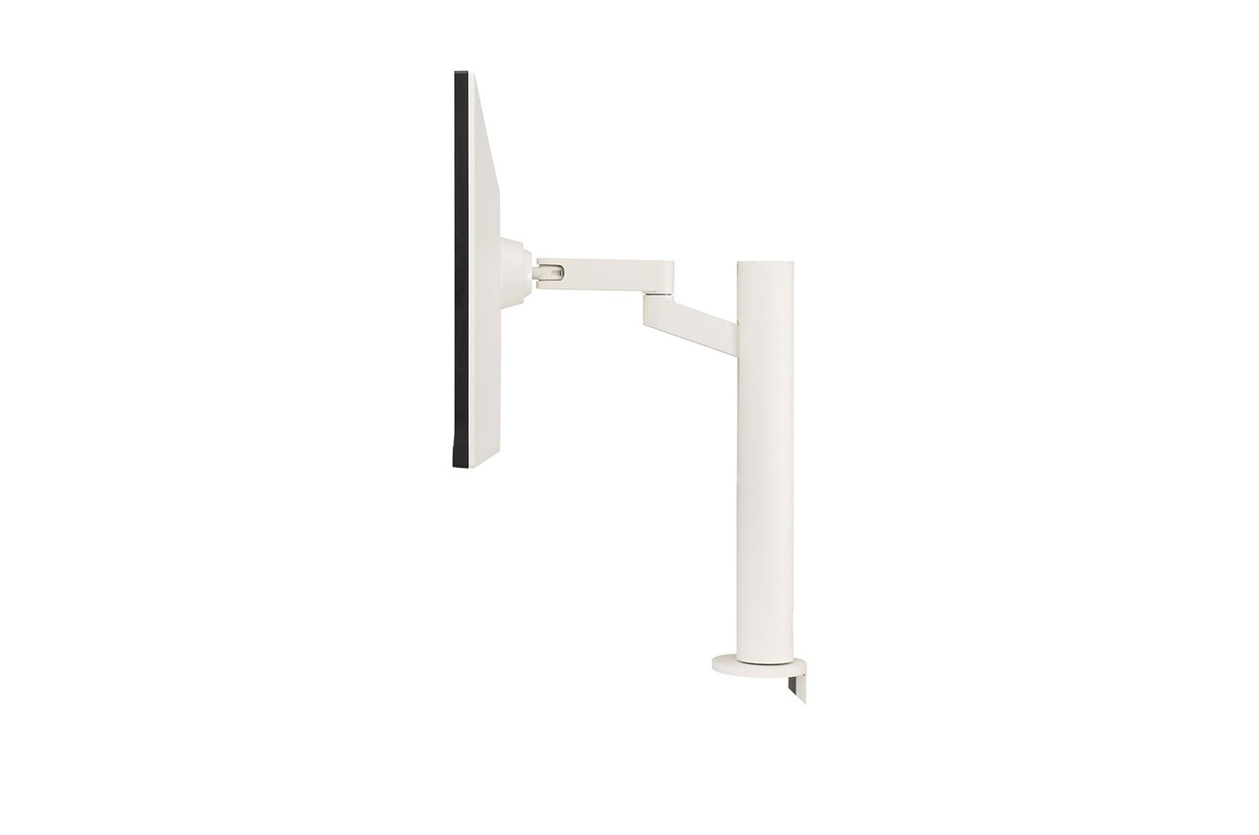 Supporto monitor bianco con monitor bianco, vista laterale su sfondo bianco.