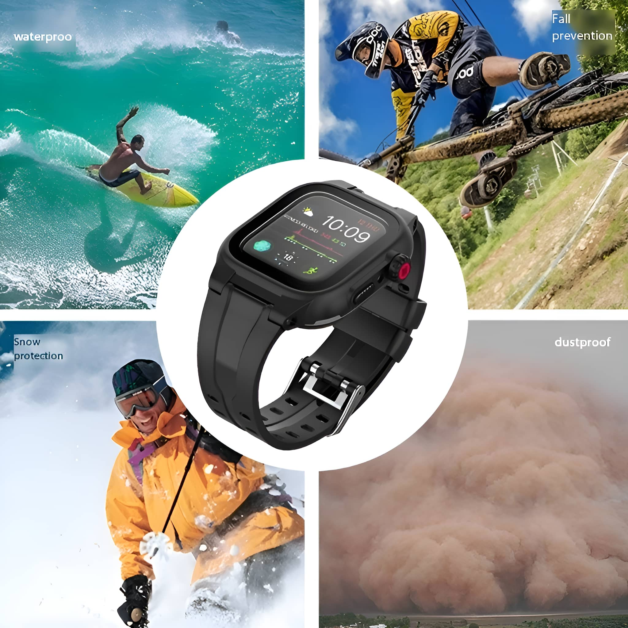 Schwarze Smartwatch am Handgelenk mit Szenen von Wasser, Schnee, Staub und einem Biker.