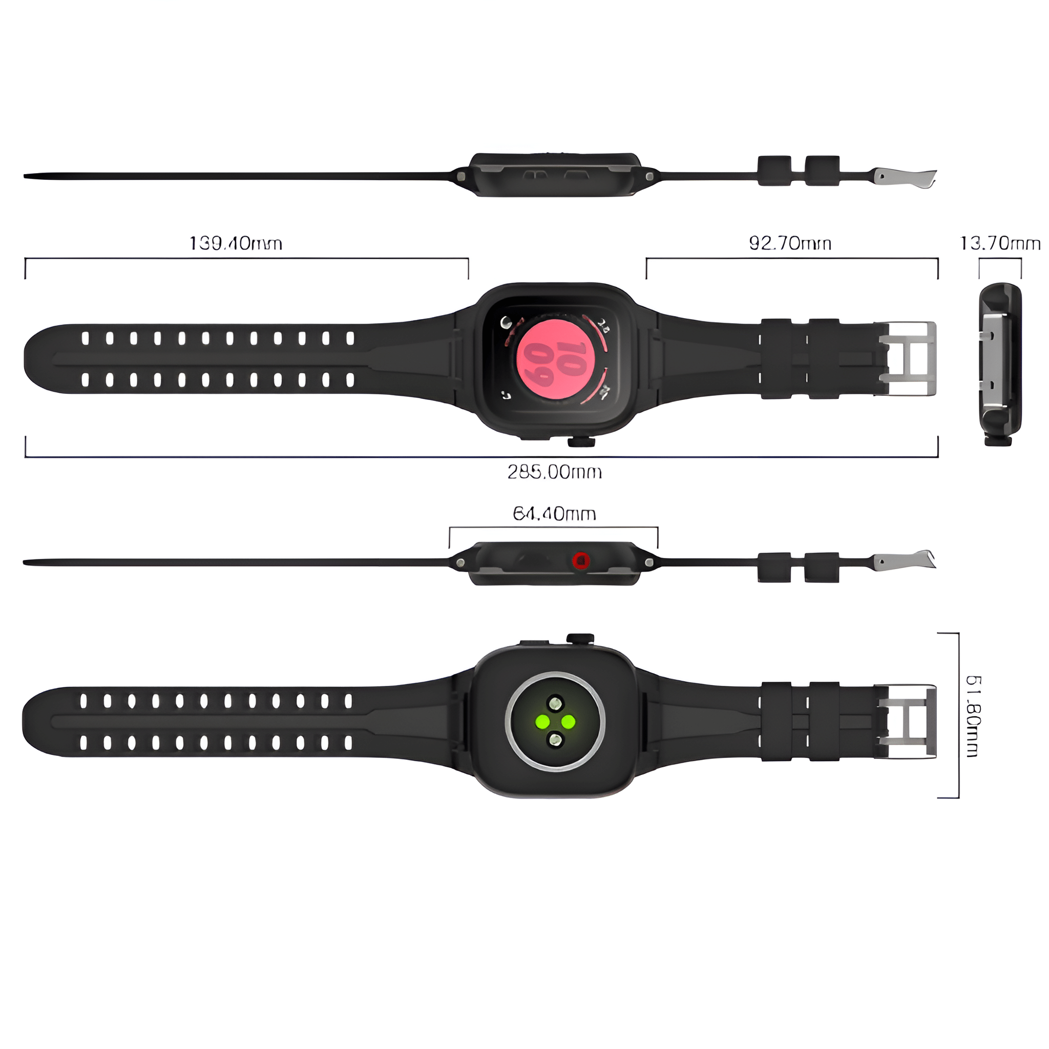 Eine schwarze Smartwatch mit Abmessungen und Maßen. Das Armband wird im Detail gezeigt.
