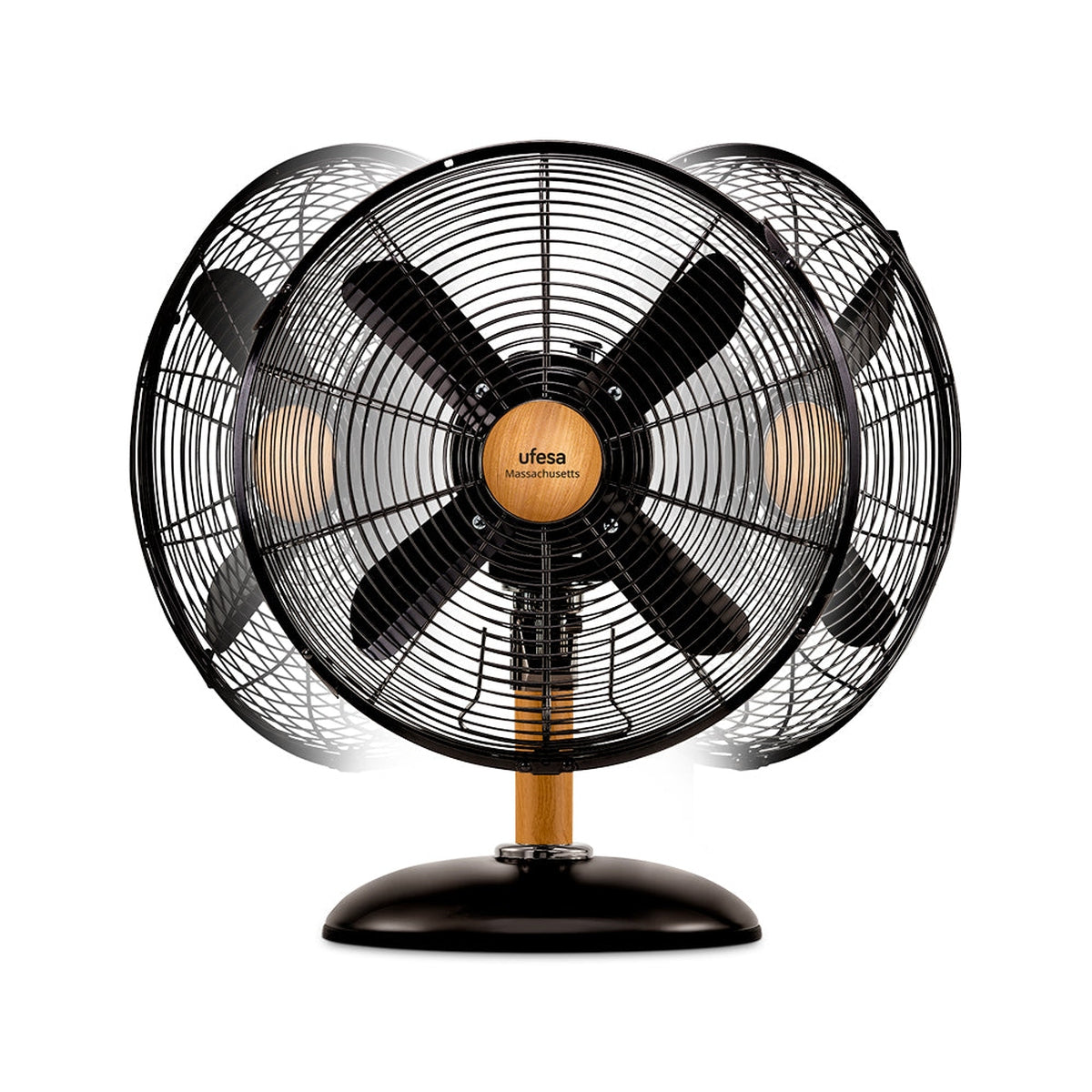 Trzy wentylatory oscylacyjne z czarnymi łopatkami i podstawami oraz drewnianym stojakiem. Tło jest białe.