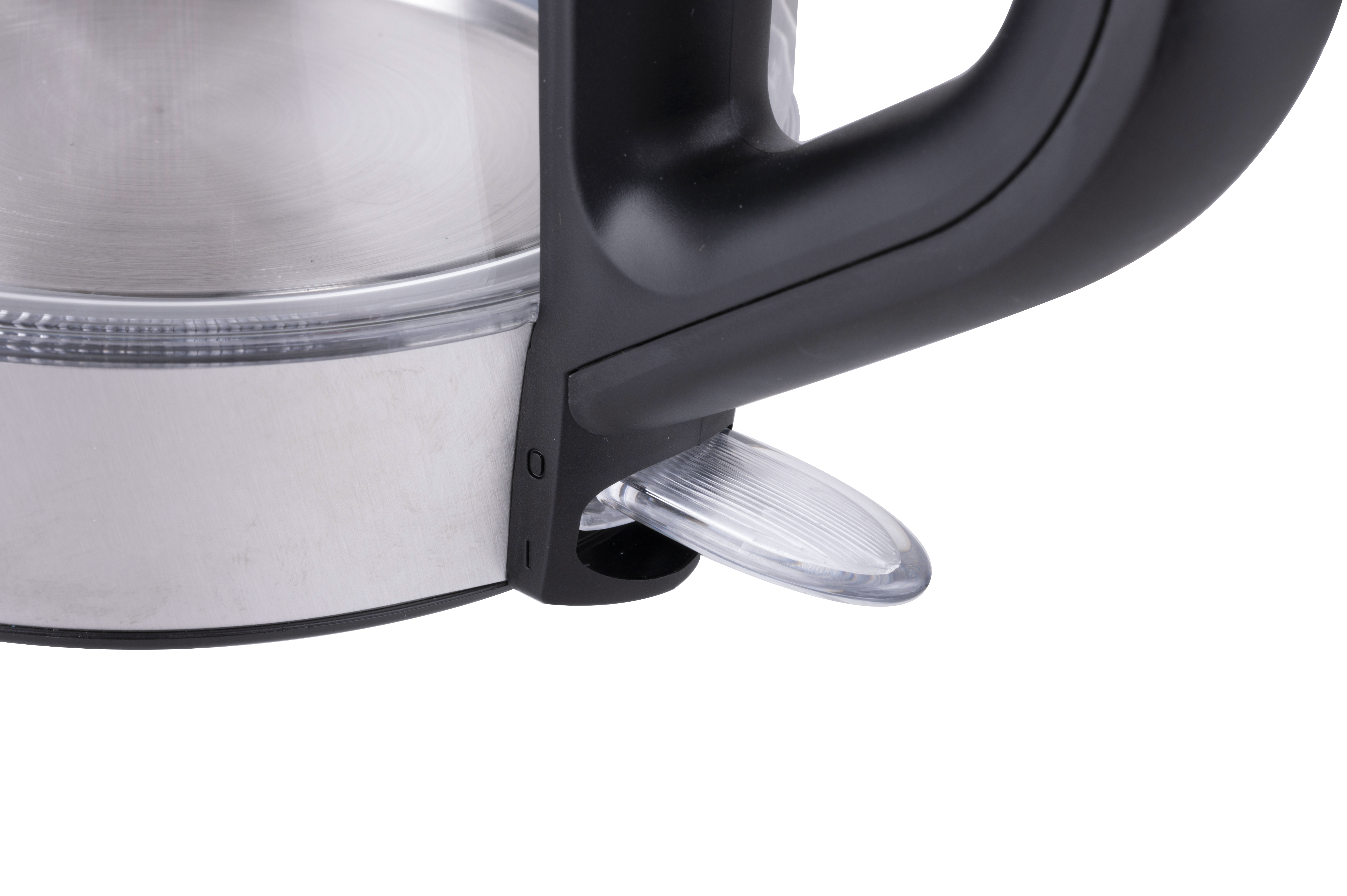Close-up van een elektrische waterkoker. De handgreep en de waterniveau-indicator zijn zichtbaar.