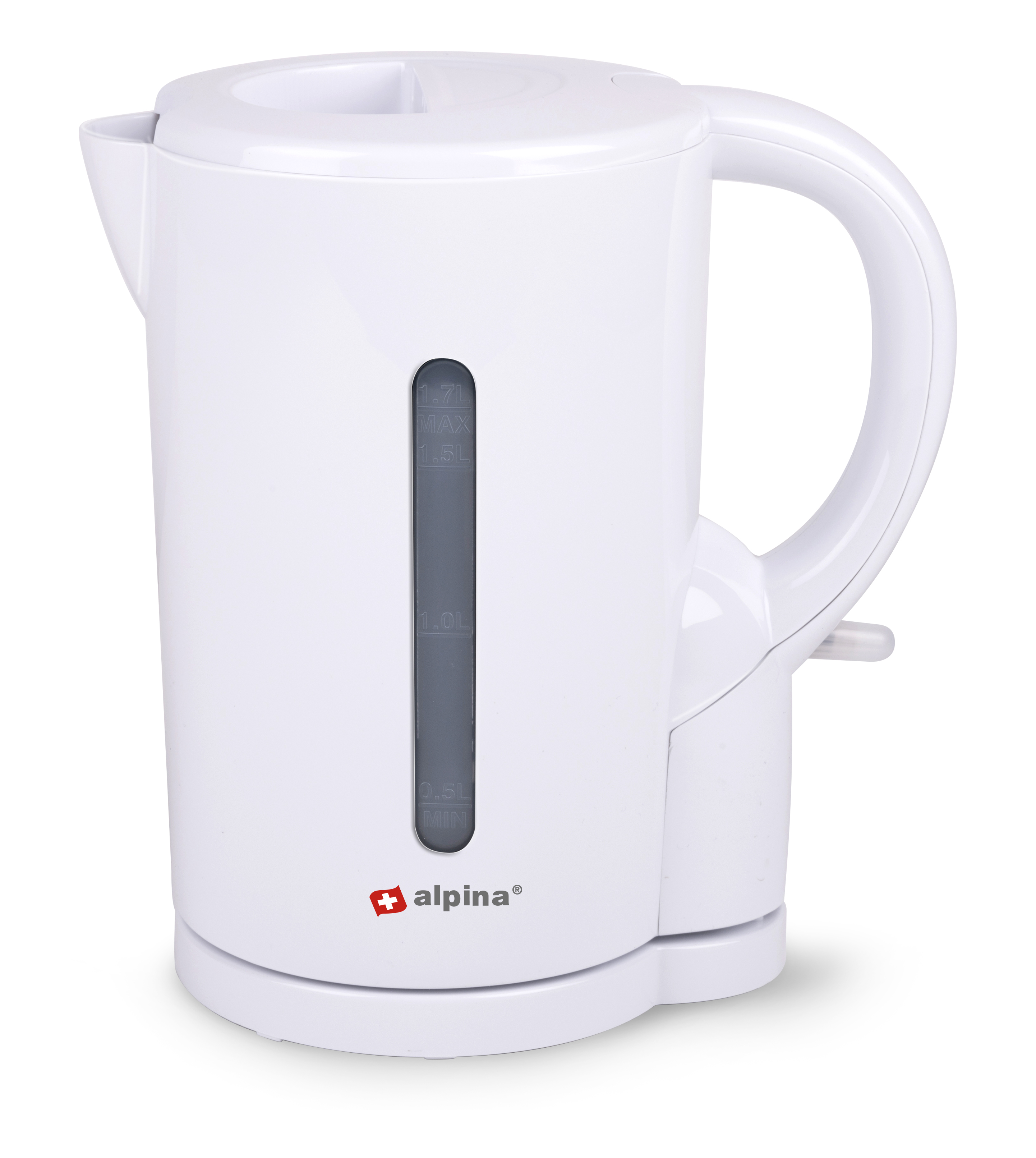 Ein weißer elektrischer Wasserkocher mit Griff, Wasserstandsanzeige und dem Markennamen Alpina.