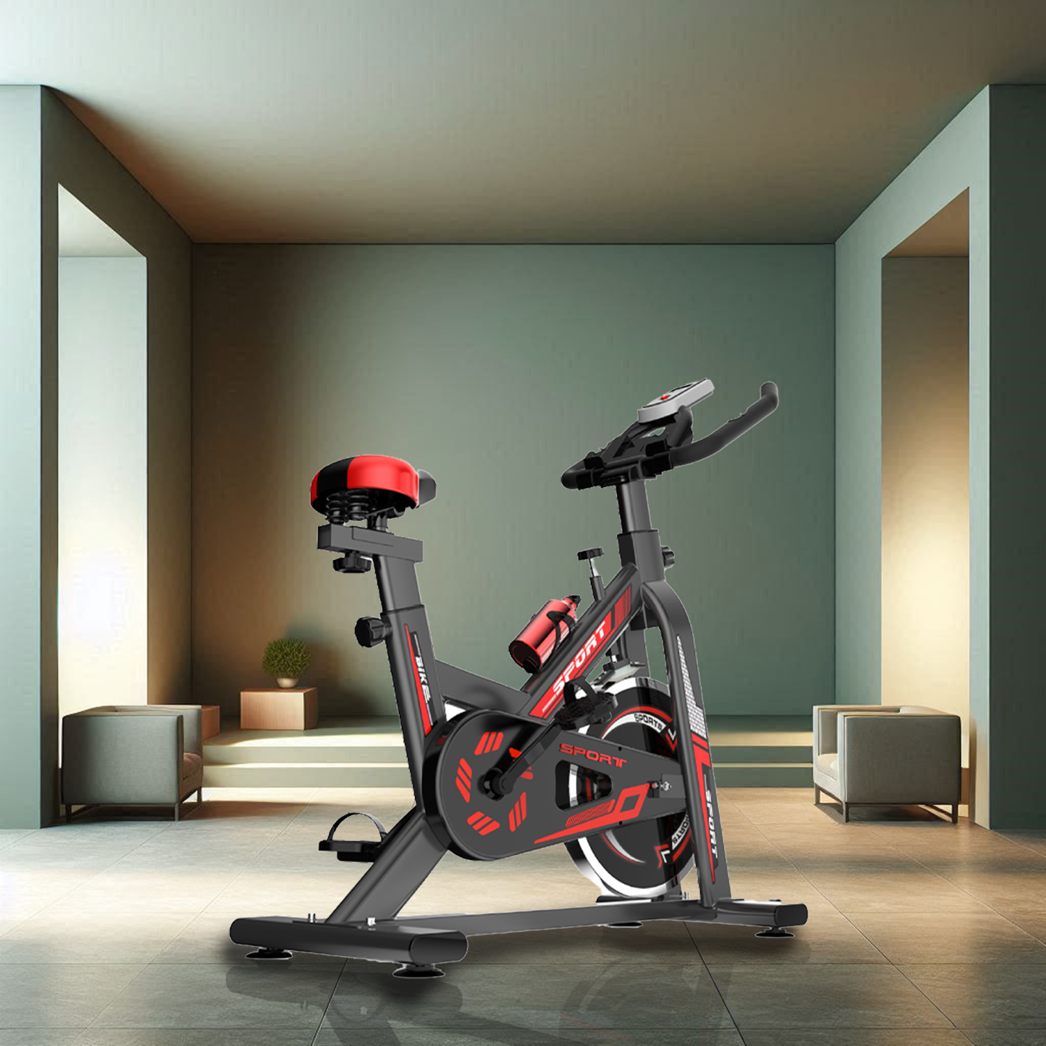 Un vélo d'exercice dans une pièce avec un mur vert et un sol blanc. Il est noir et rouge.
