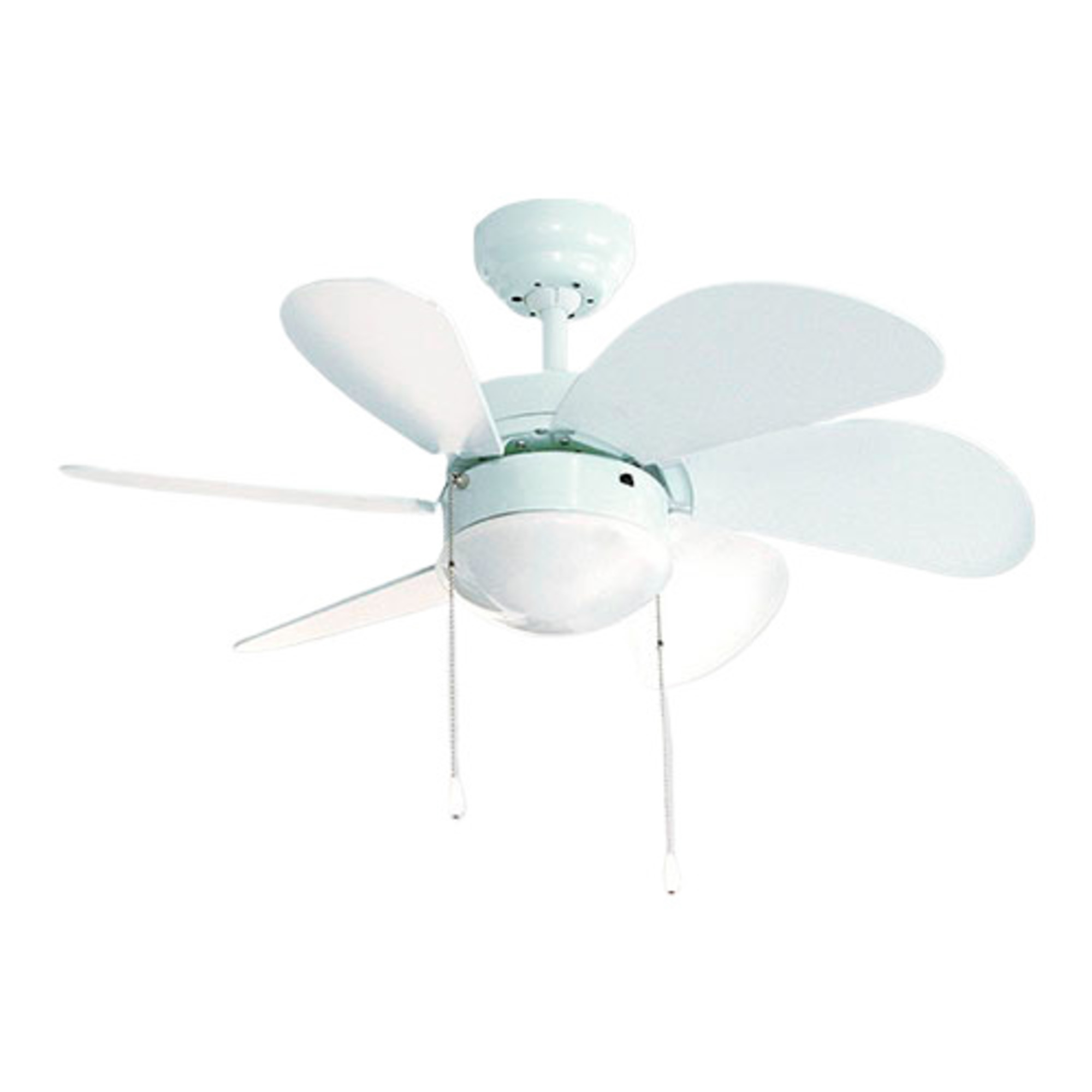 Ventilatore da soffitto bianco con sei pale. Corpo bianco, sfondo bianco.