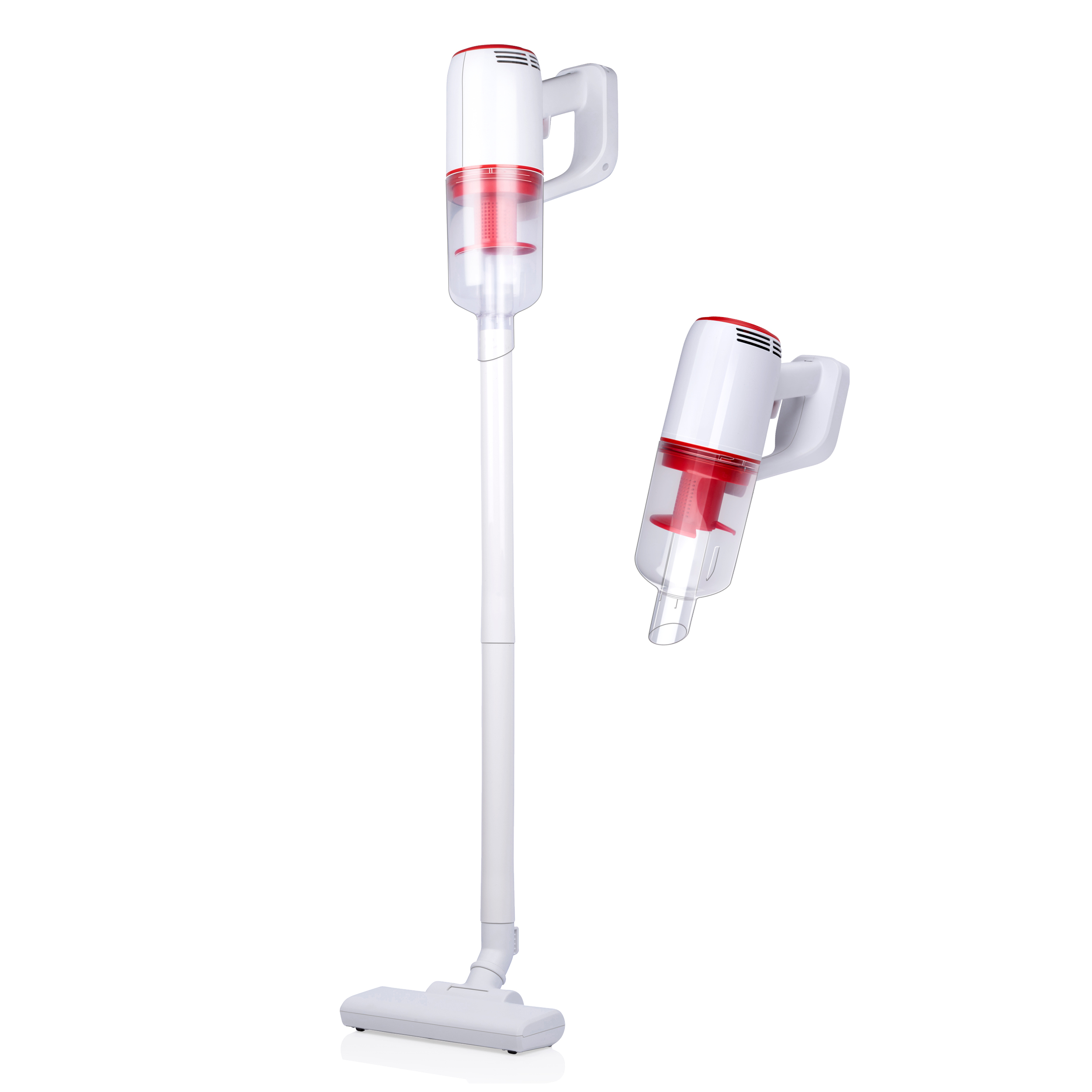 Aspirateur sans fil blanc et rouge, debout et dans une vue séparée en angle.