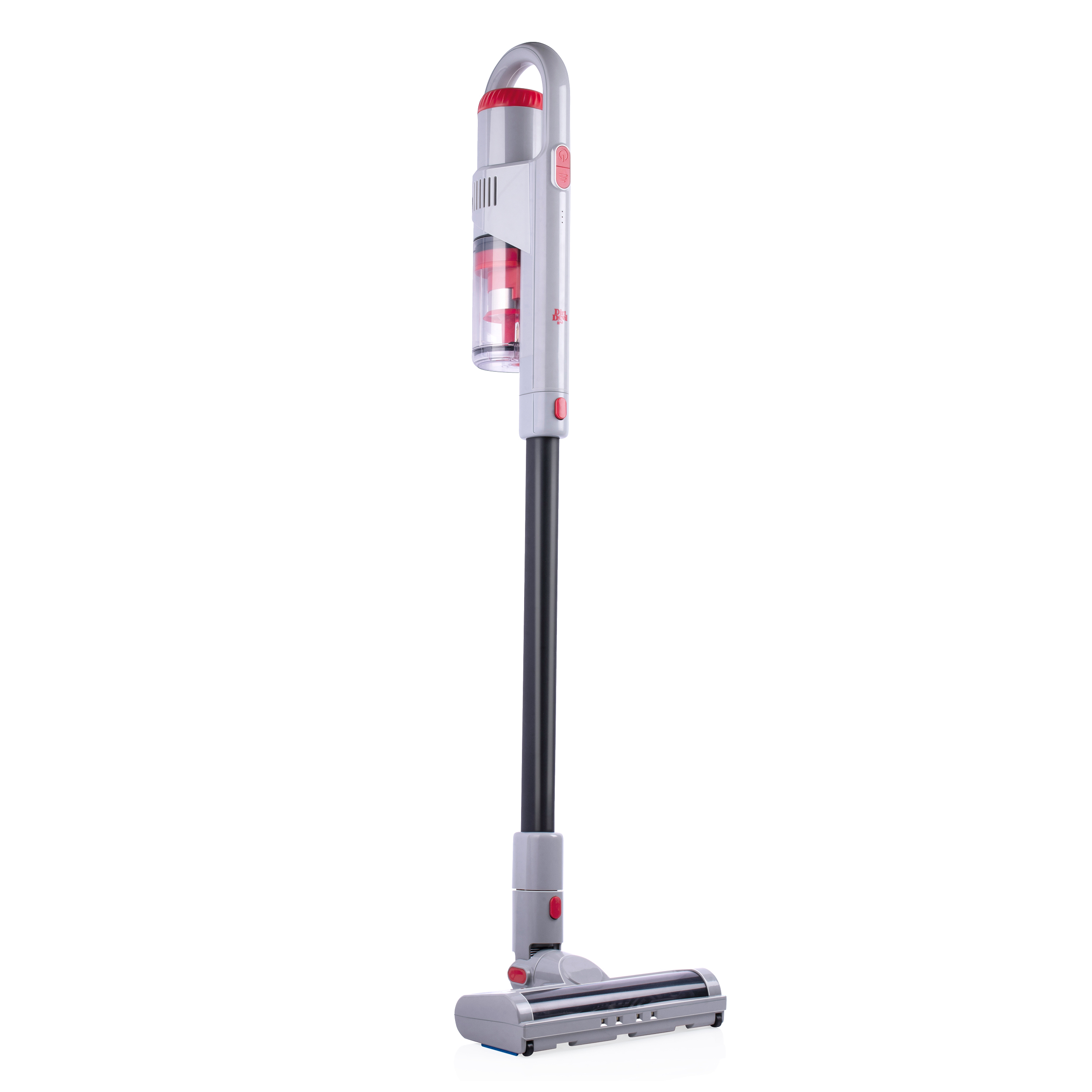 A gray and red cordless stick vacuum cleaner, standing upright against a white background.