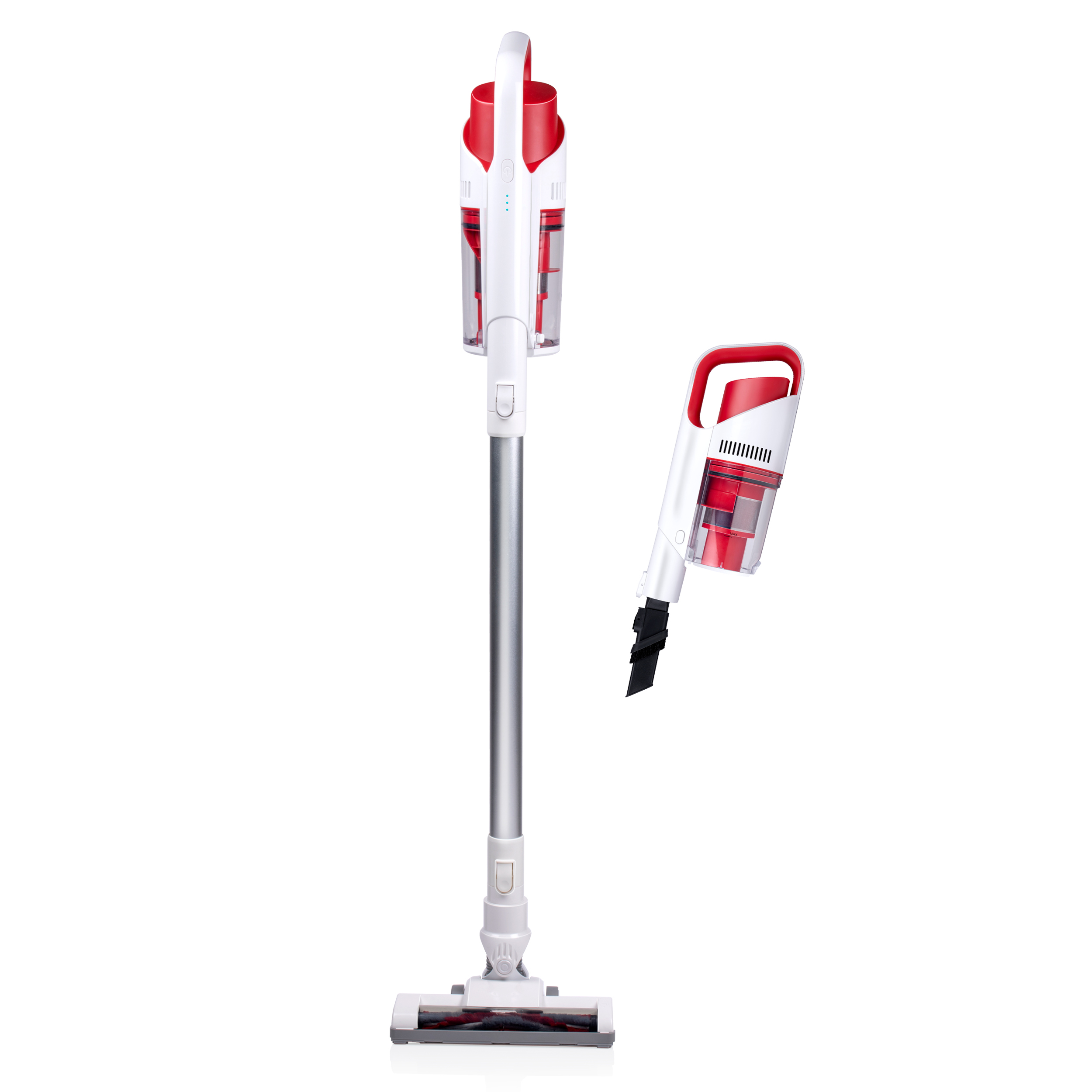 Een witte en rode stofzuiger, met een aparte handheld stofzuigerunit.