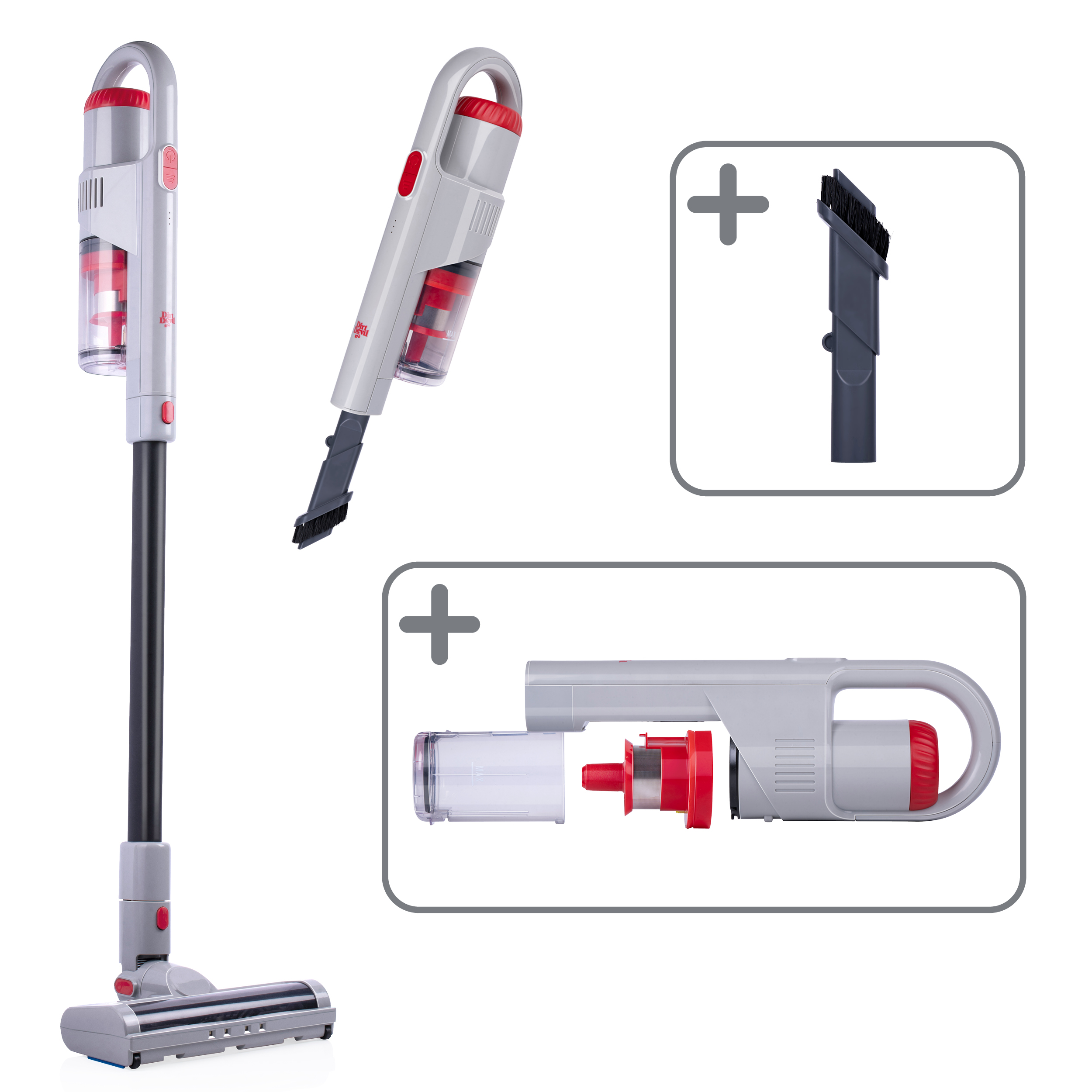 A disassembled vacuum cleaner with attachments. Grey and red color scheme.
