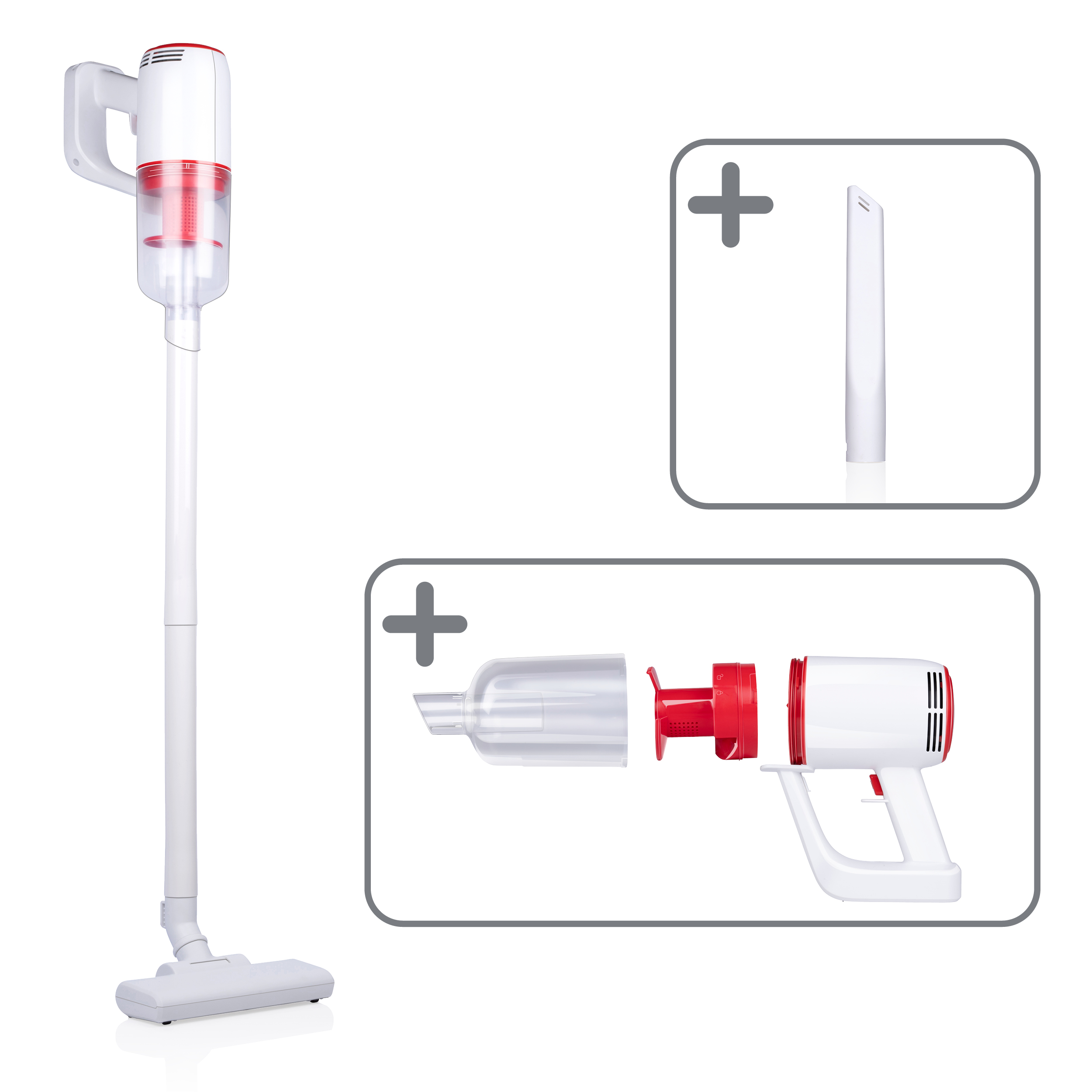 Un aspirateur sans fil blanc et rouge avec des accessoires. Les accessoires sont présentés séparément.