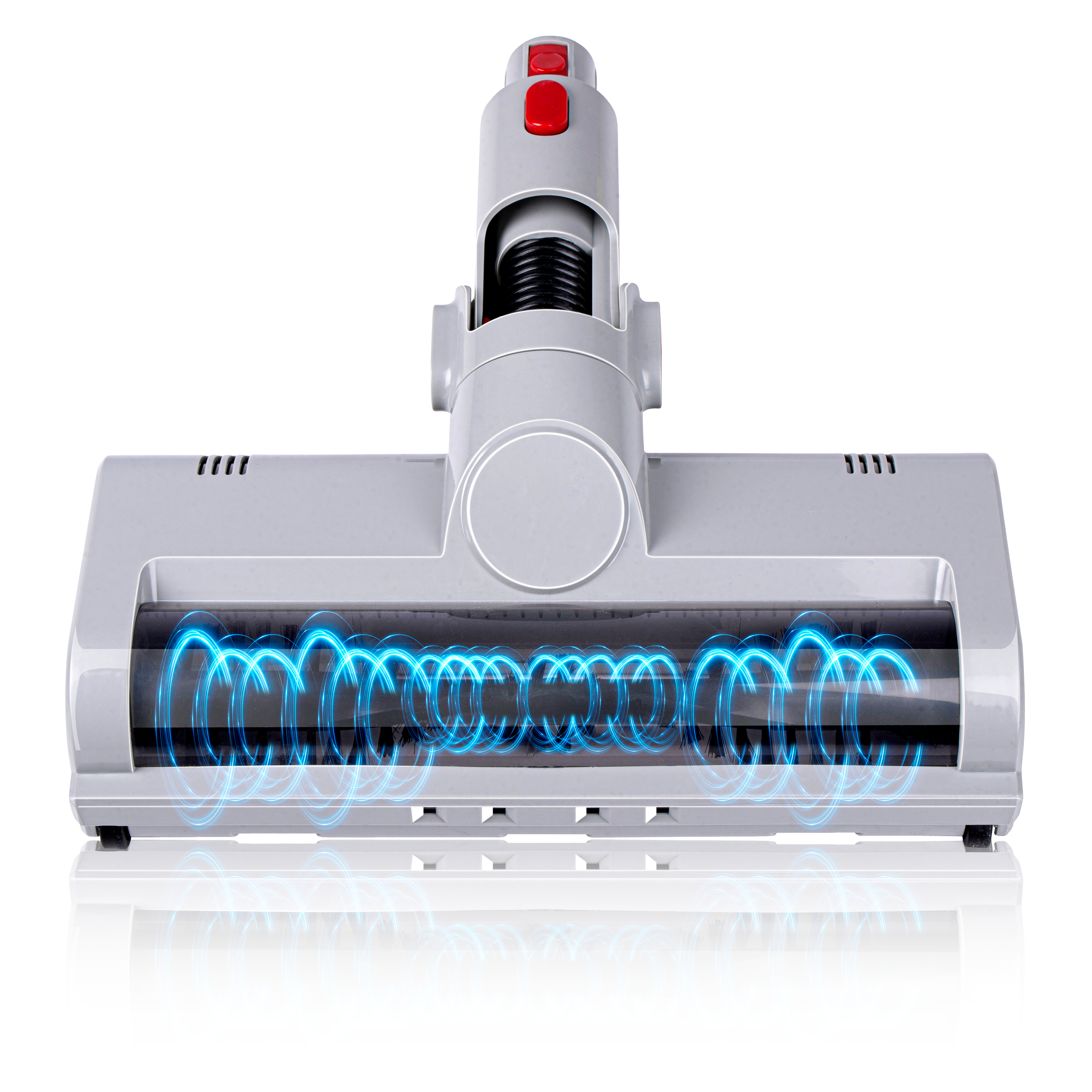 A grey vacuum cleaner head with a rotating brush and a red power button.