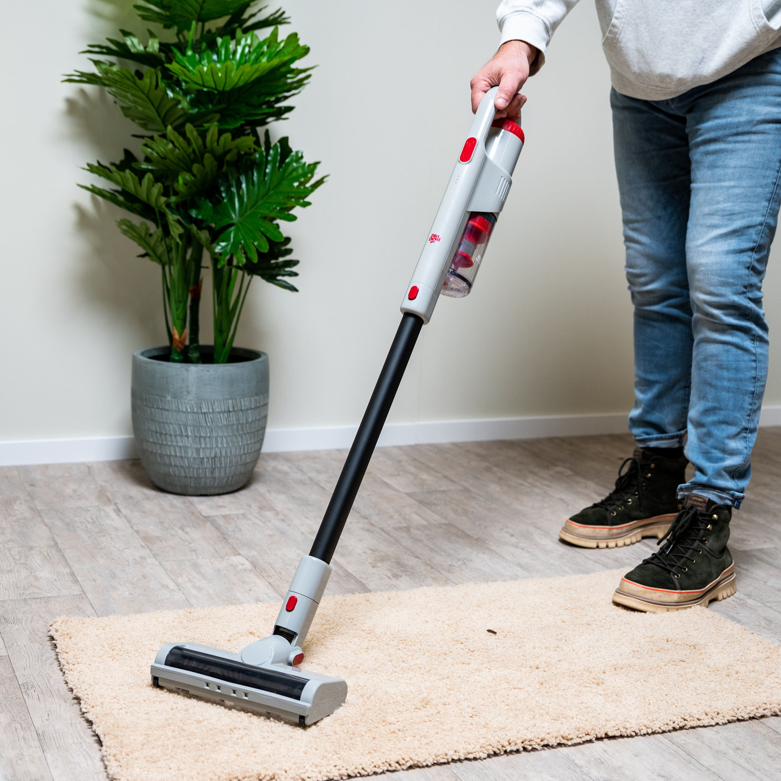 A woman using a cordless vacuum. A potted plant is in the background. Beige rug on wooden floor.
