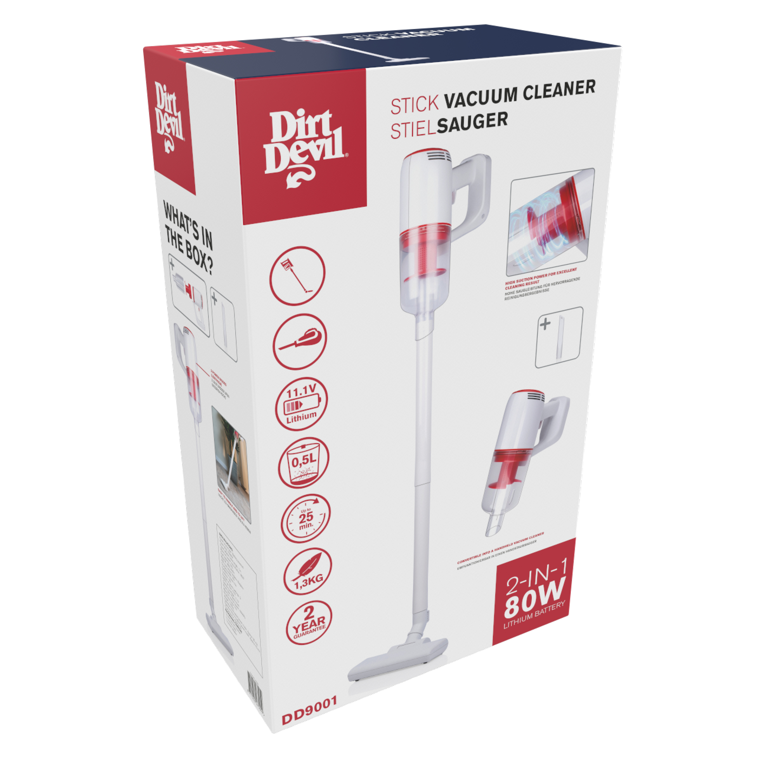 Une boîte d'aspirateur blanche et rouge. Elle contient un aspirateur-balai avec batterie 2-en-1 80W.