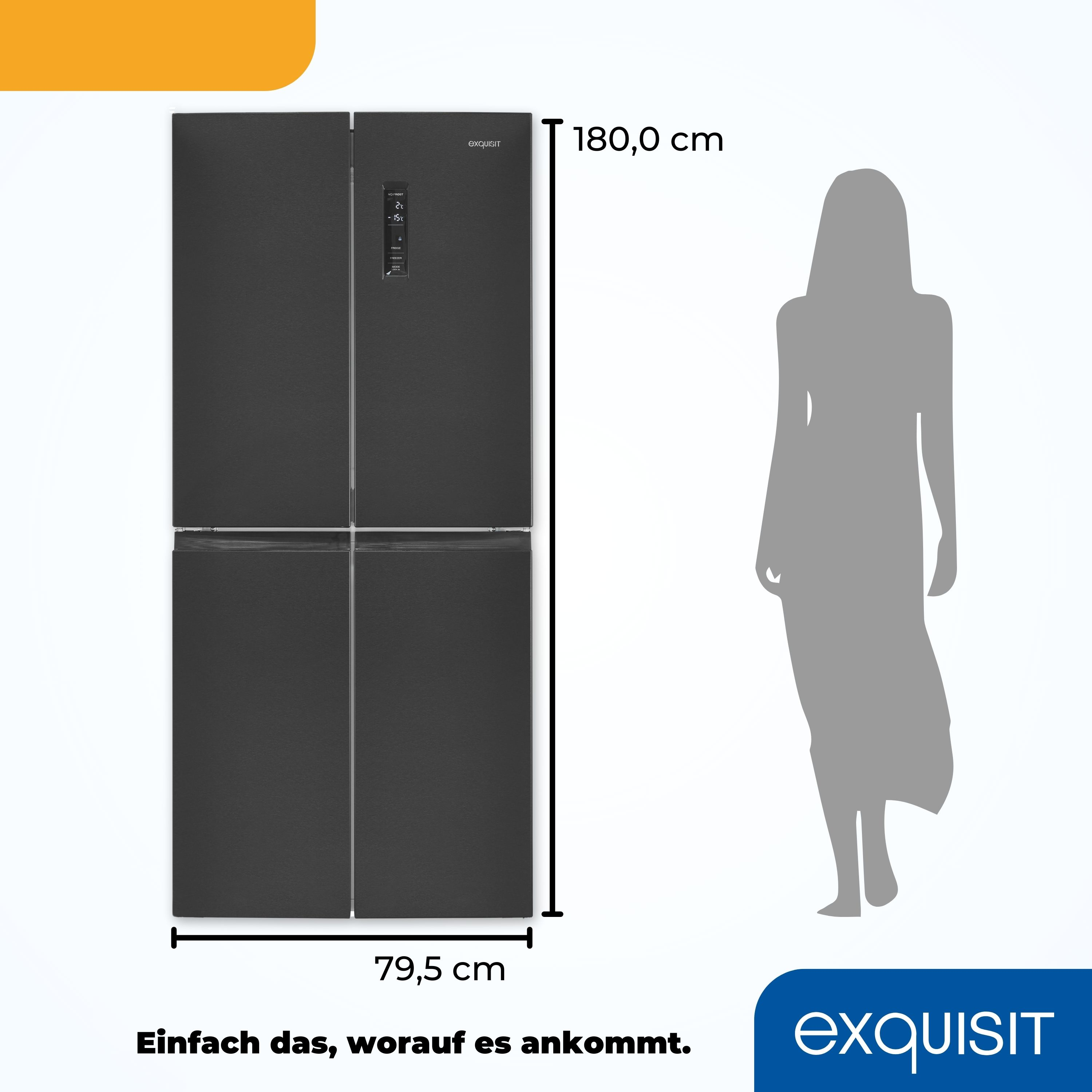 Refrigerador negro, puerta abierta. Alto, con una silueta de persona como escala. Fondo blanco.