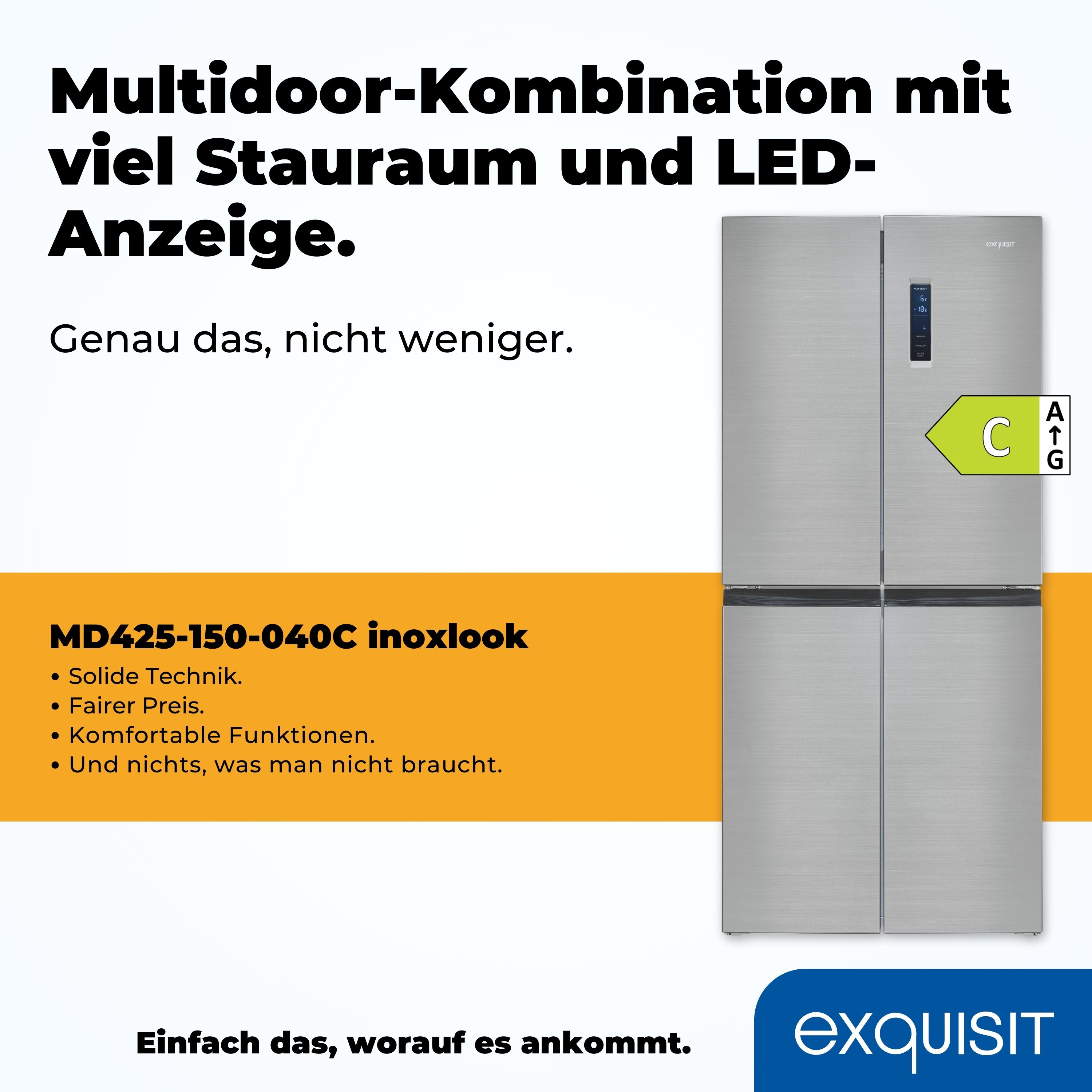 Refrigerador plateado con cuatro puertas. El texto dice: 'Combinación Multipuerta con mucho espacio de almacenamiento y pantalla LED.'