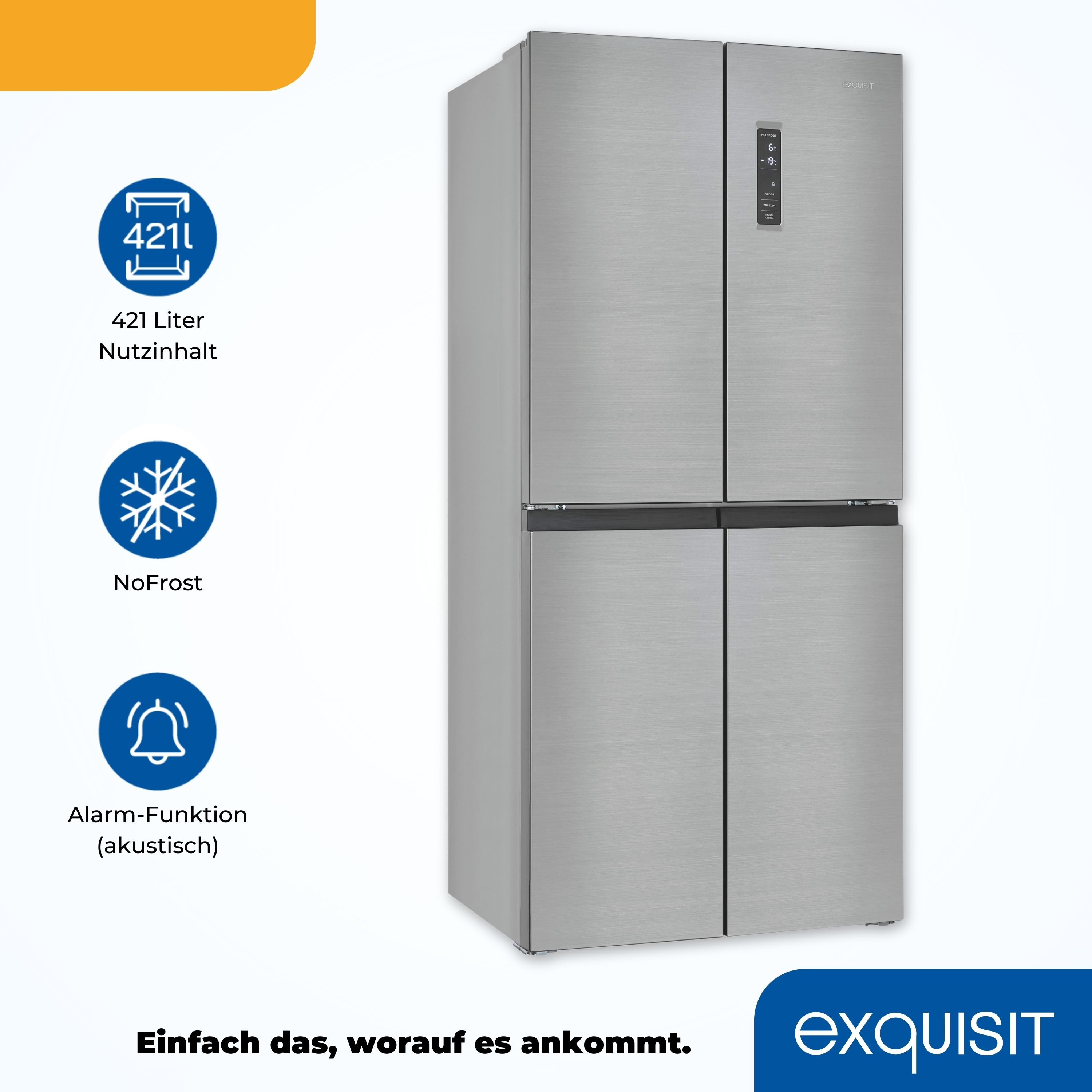 Un refrigerador plateado de cuatro puertas con gráficos informativos sobre capacidad, NoFrost y función de alarma.