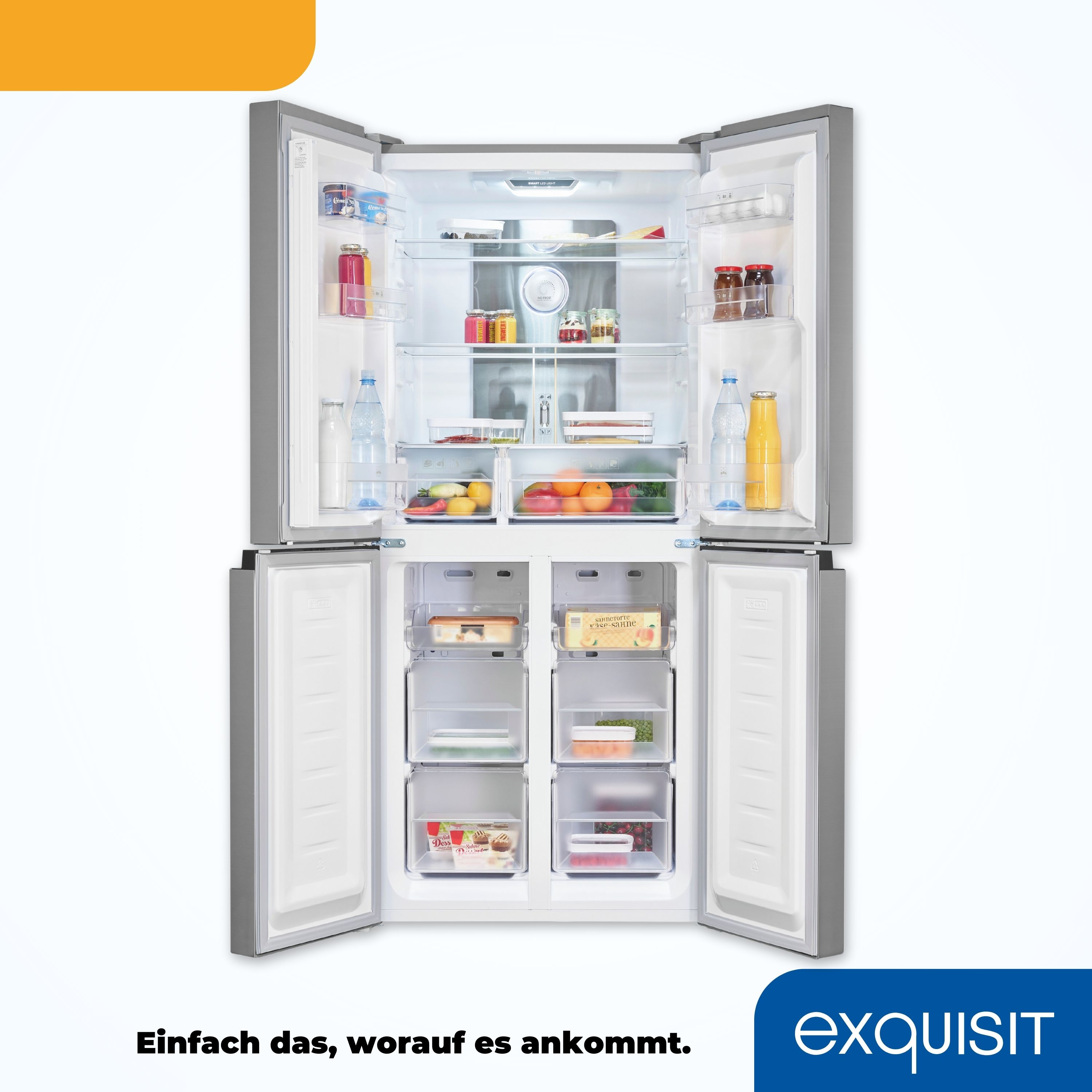 Un refrigerador grande con puertas abiertas, lleno de comida.