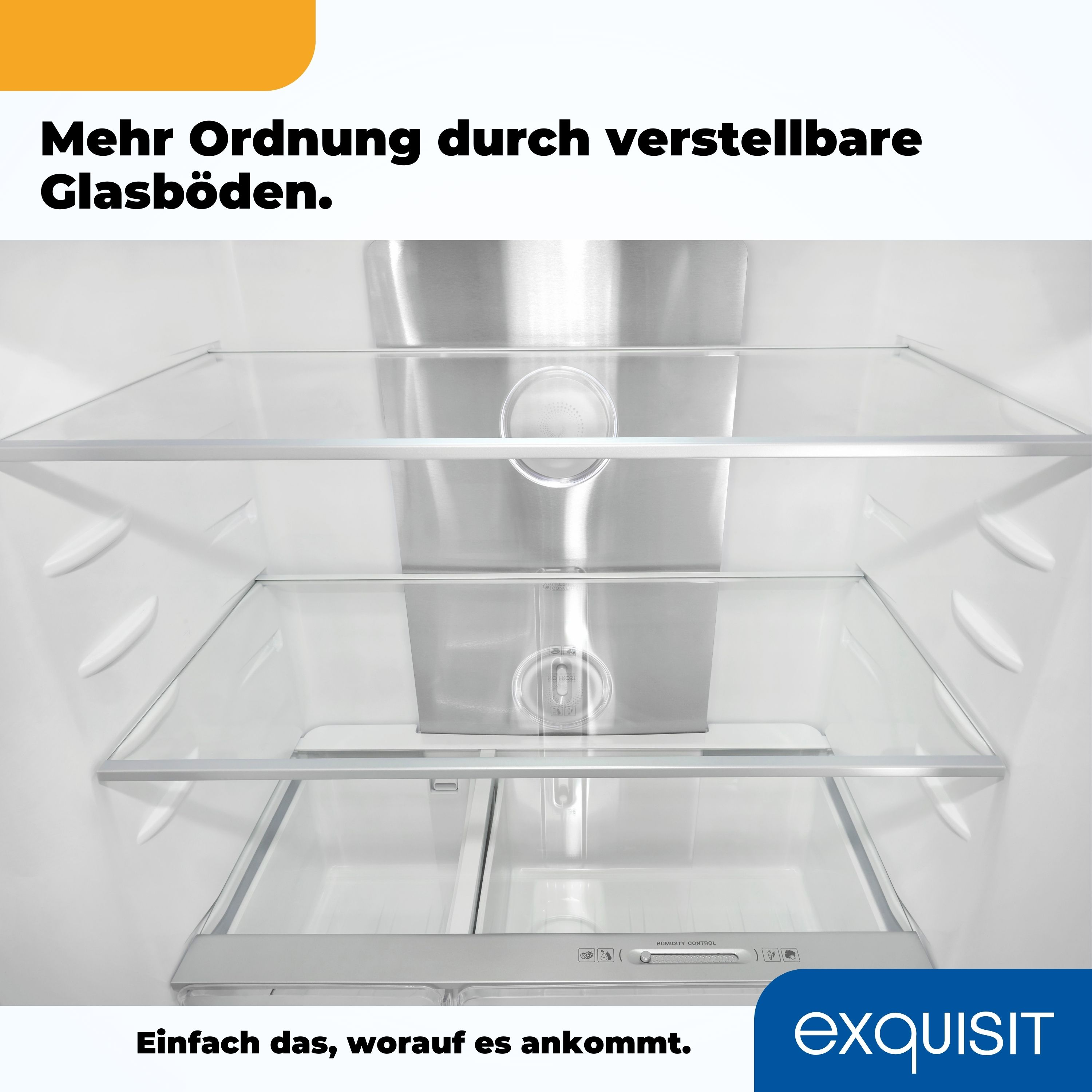Innenraum des Kühlschranks mit Glasböden und einstellbaren Bedienelementen.