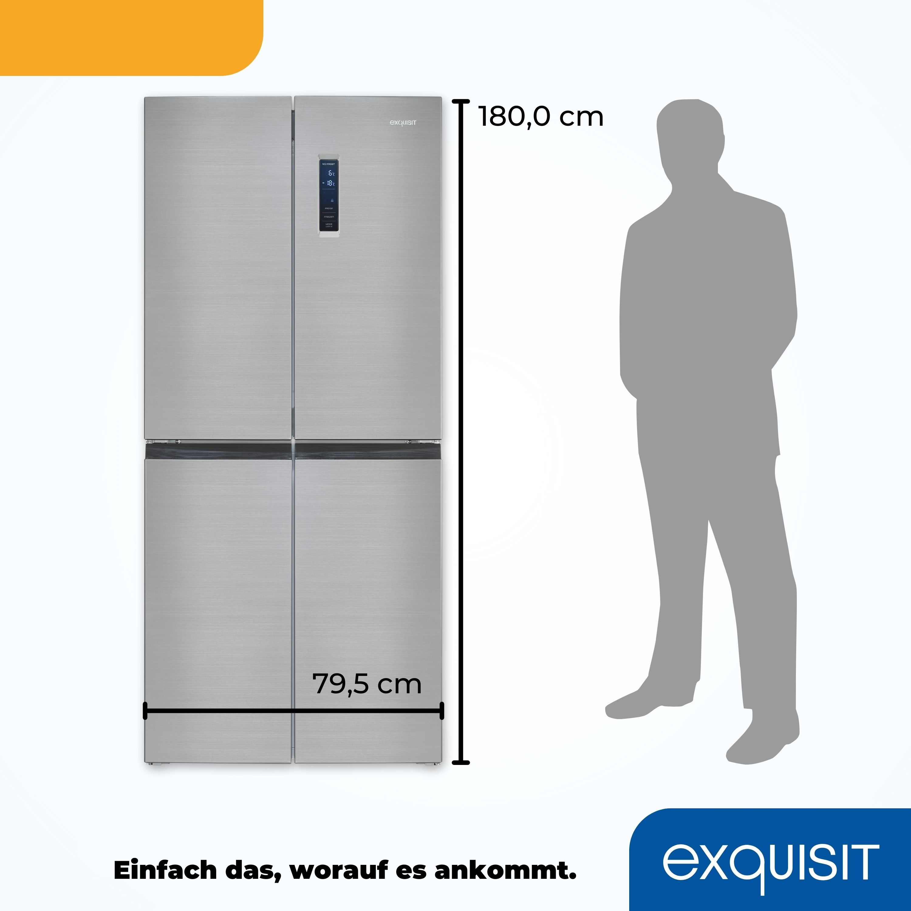 Un refrigerador plateado con cuatro puertas, junto a una silueta de persona para comparación de tamaño.