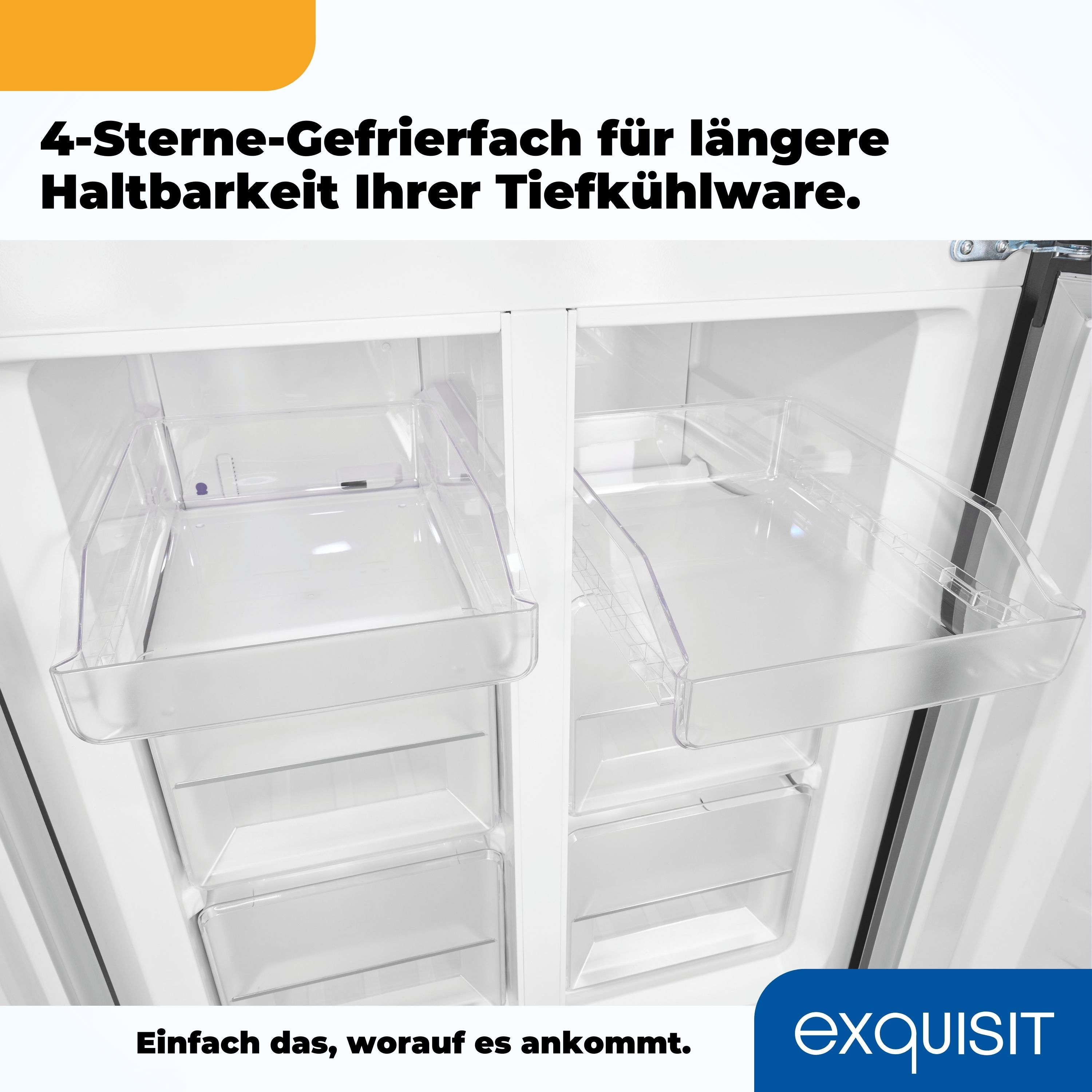 Un refrigerador con cajones abiertos. Texto: Congelador de 4 estrellas para una mayor vida útil. Etiqueta: Exquisit.