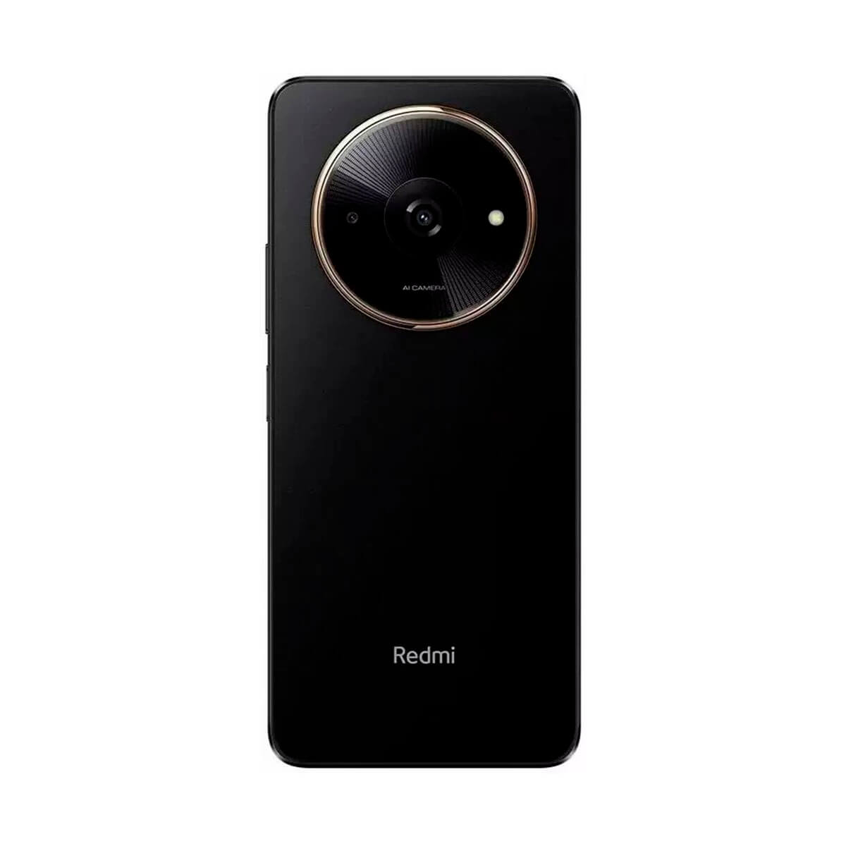 Zwarte smartphone achterkant met grote camera en Redmi logo onderaan. Witte achtergrond.