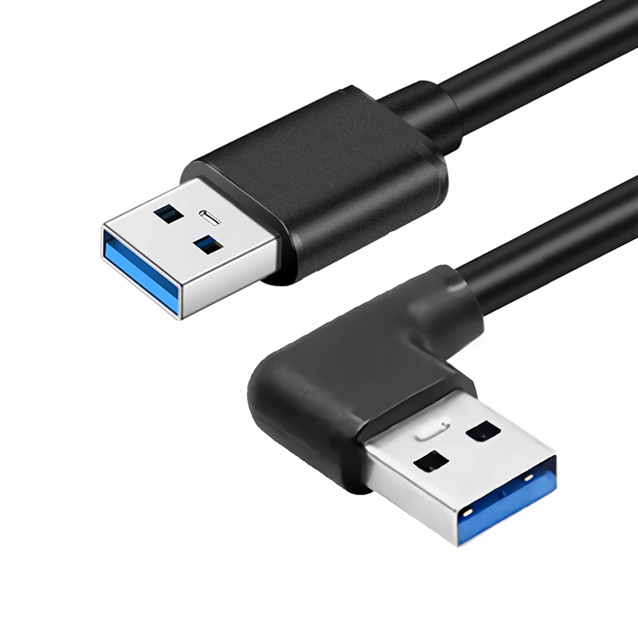 Zwei schwarze USB-Kabel, eines gerade und eines mit 90-Grad-Winkel, auf weißem Hintergrund.