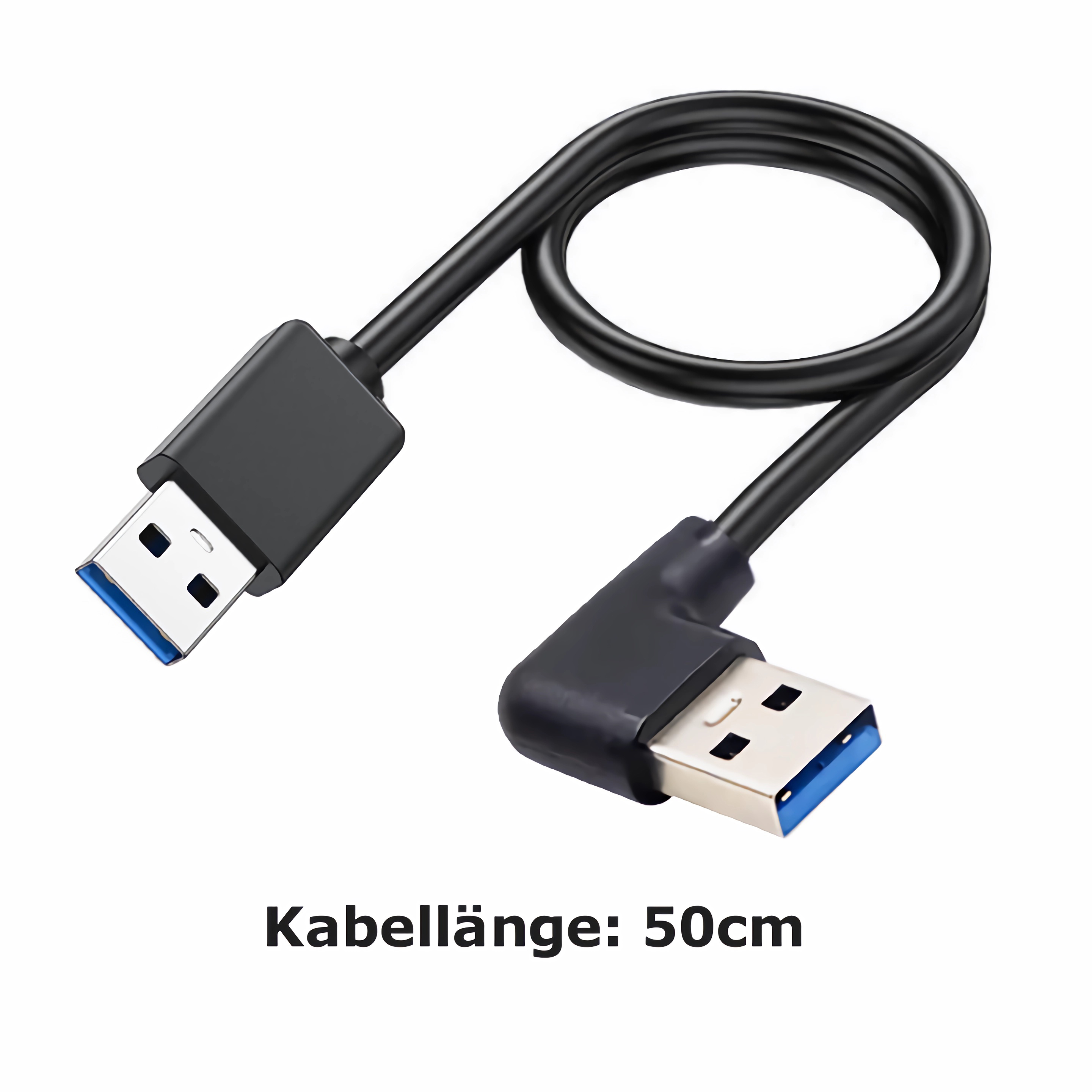 Schwarzes USB-Kabel mit zwei Steckern, einer abgewinkelt. Weißer Hintergrund.