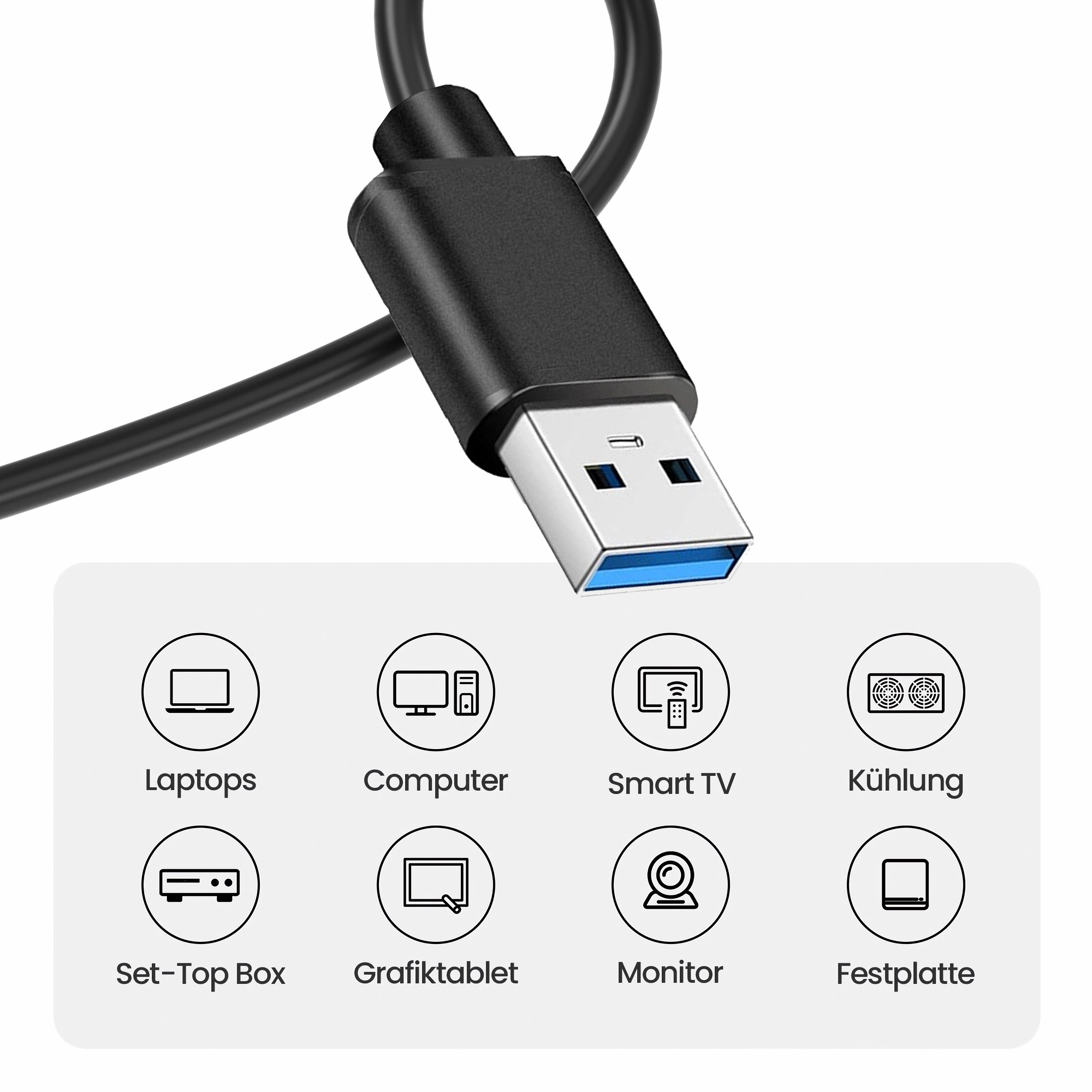 Nahaufnahme eines schwarzen USB-Kabels mit blauem Stecker und Icons für Laptops, Computer, TV usw.