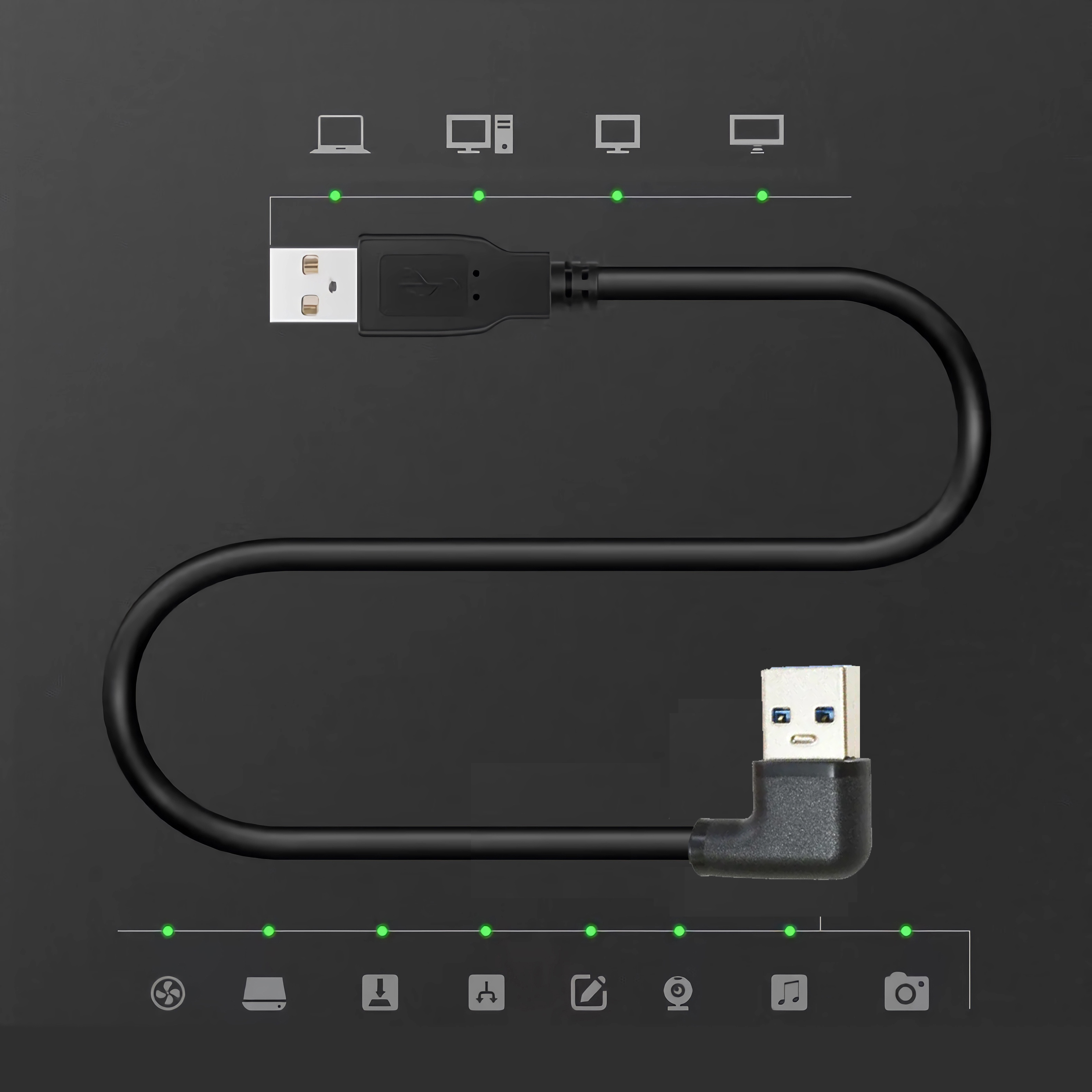 Ein schwarzes USB-Kabel mit einem USB-A- und einem USB-B-Anschluss. Symbole von Geräten befinden sich im Hintergrund.