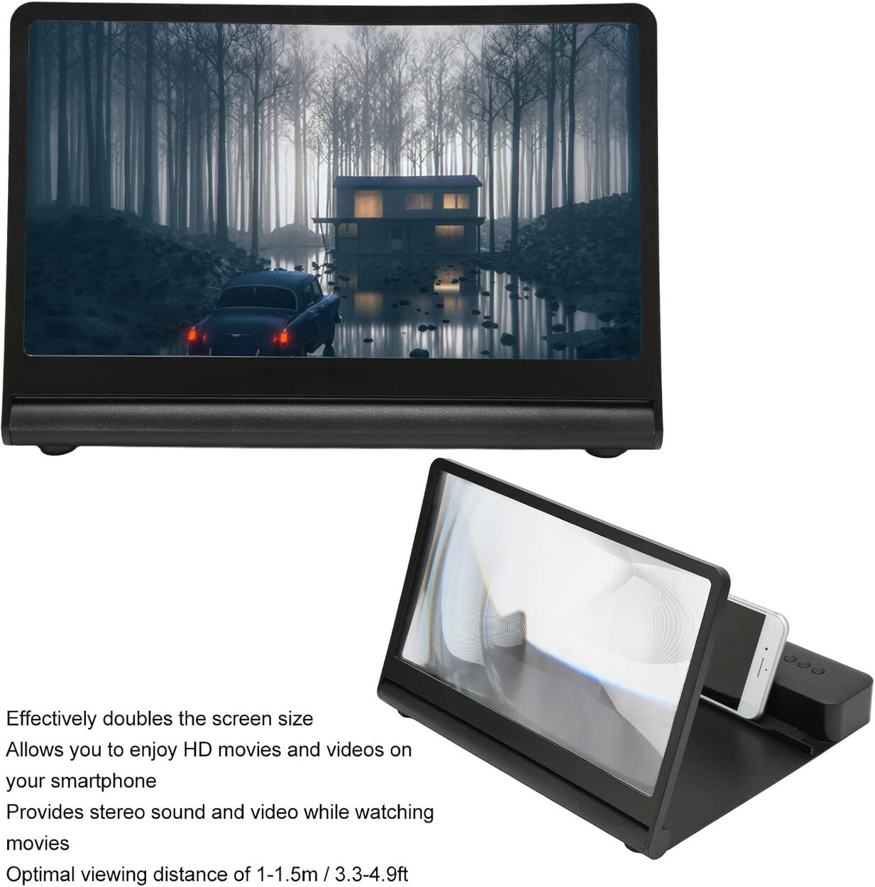 Amplificador de pantalla negro con smartphone dentro y escena de bosque.