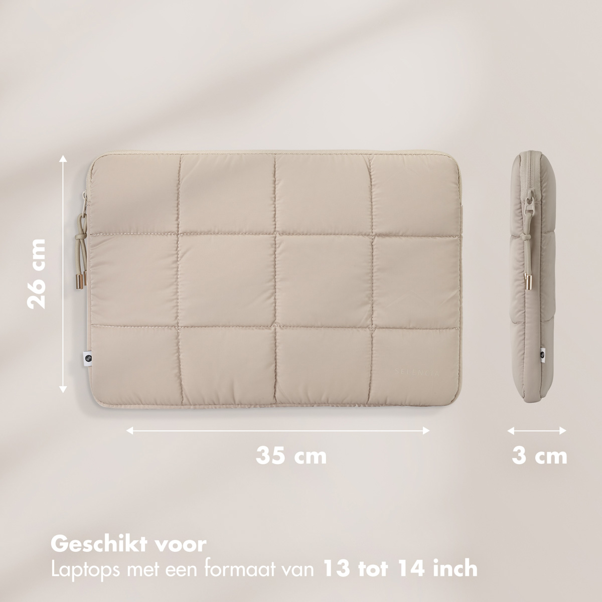 Beige laptop sleeve, flat with dimensions, and side view with zipper. White background.