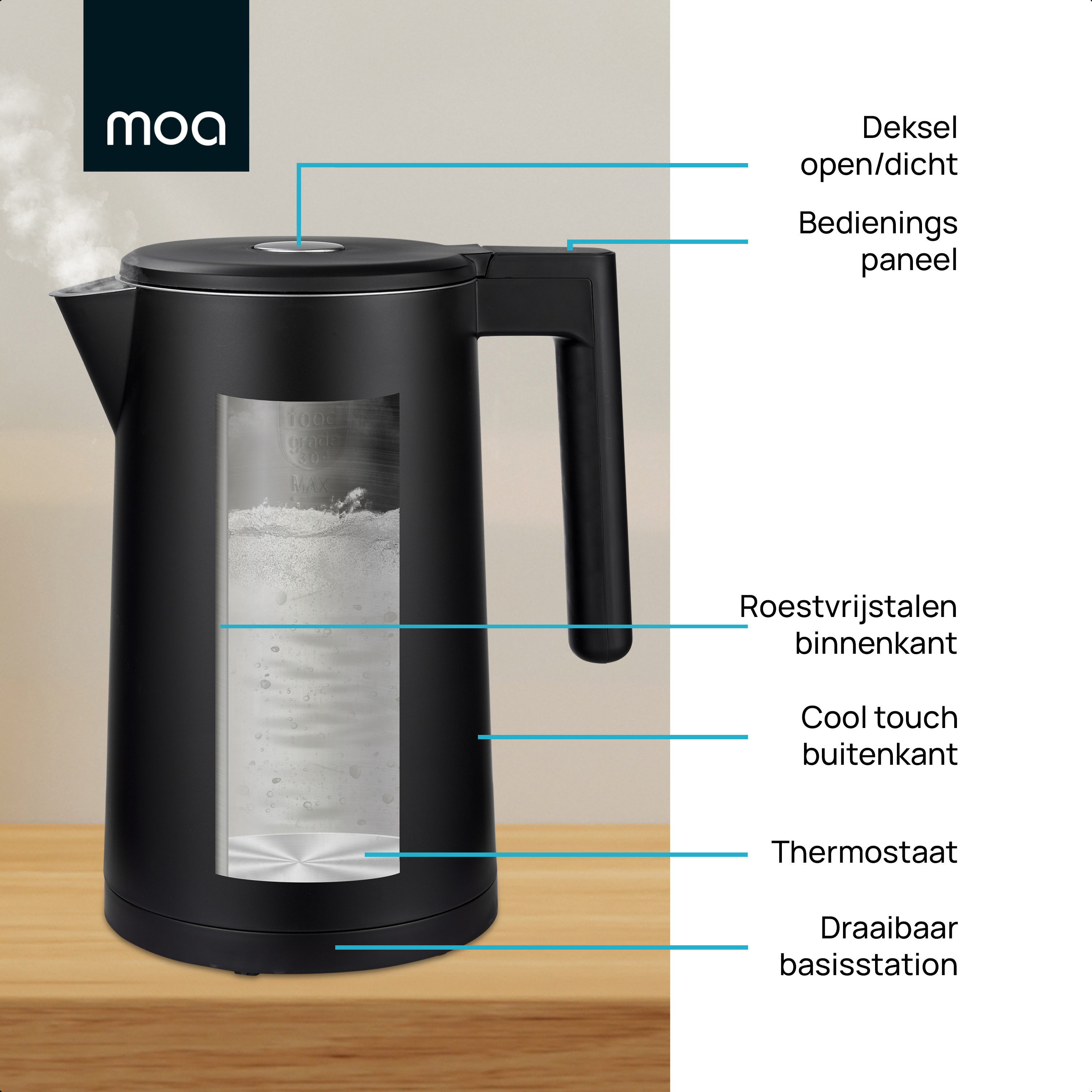 A black electric kettle with labels. It has a water level indicator.