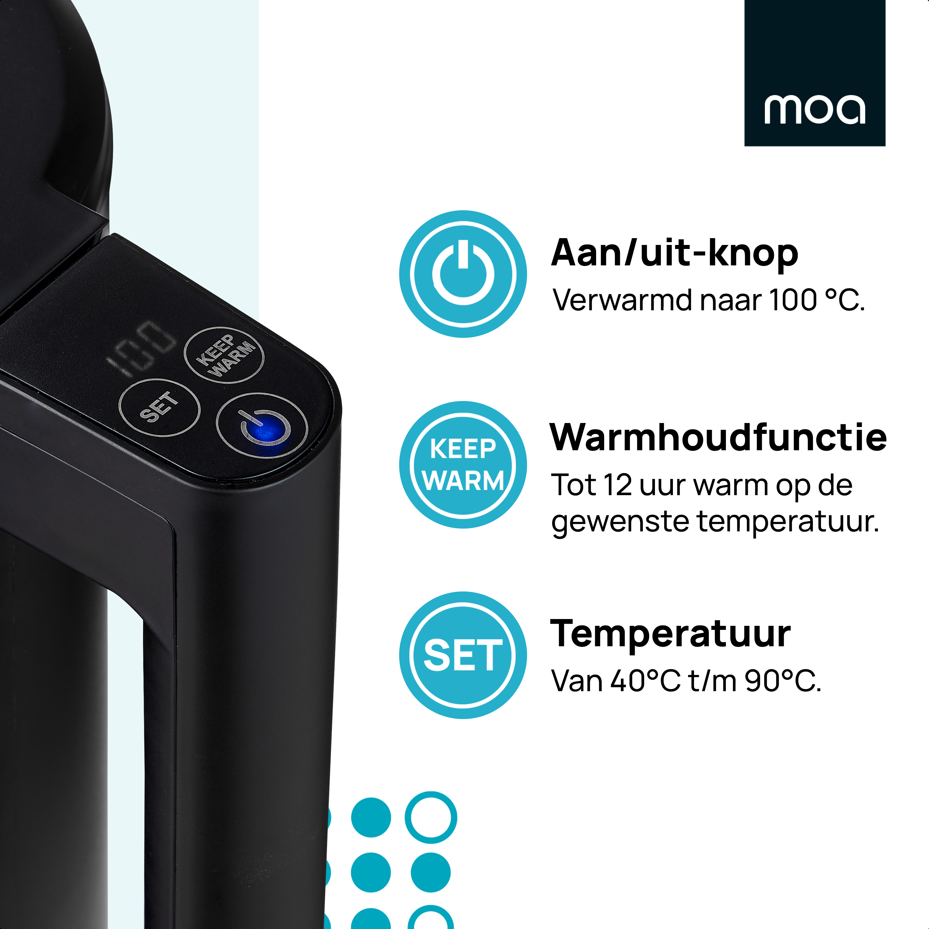 Black electric kettle with blue button and digital display showing temperature settings.