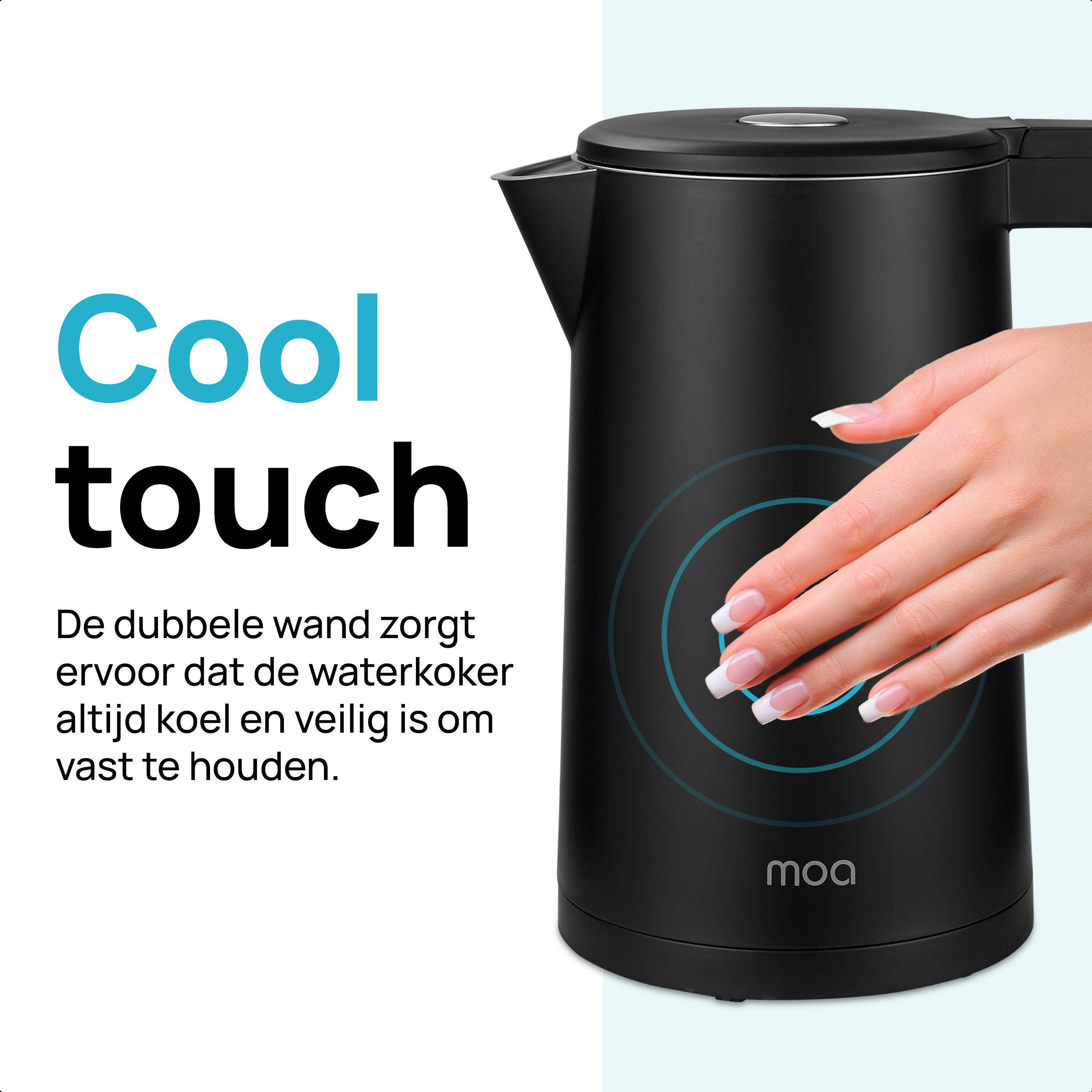 Black electric kettle with a hand touching the blue illuminated touch panel.