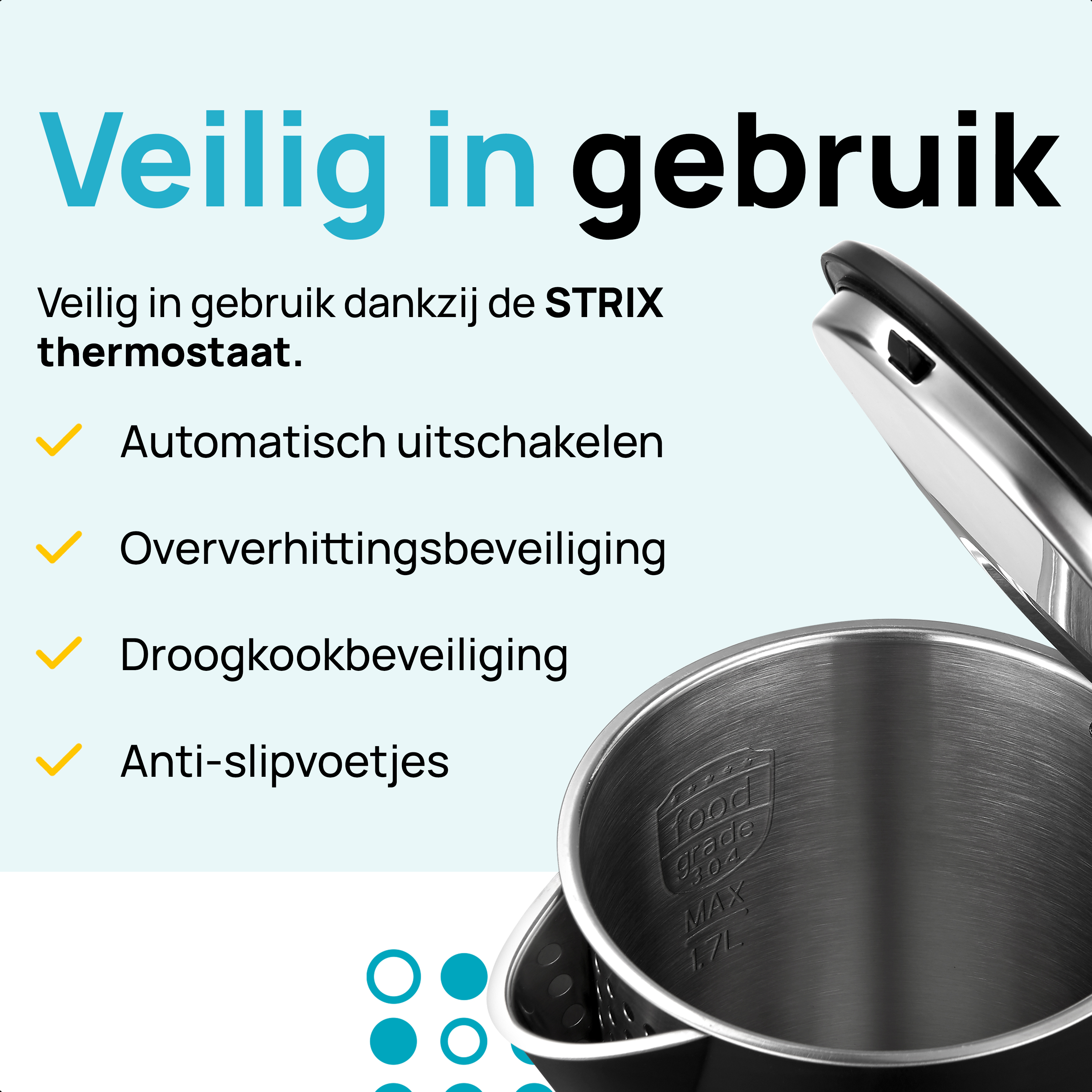 Close-up of a black electric kettle. Text highlights safety features of the kettle.