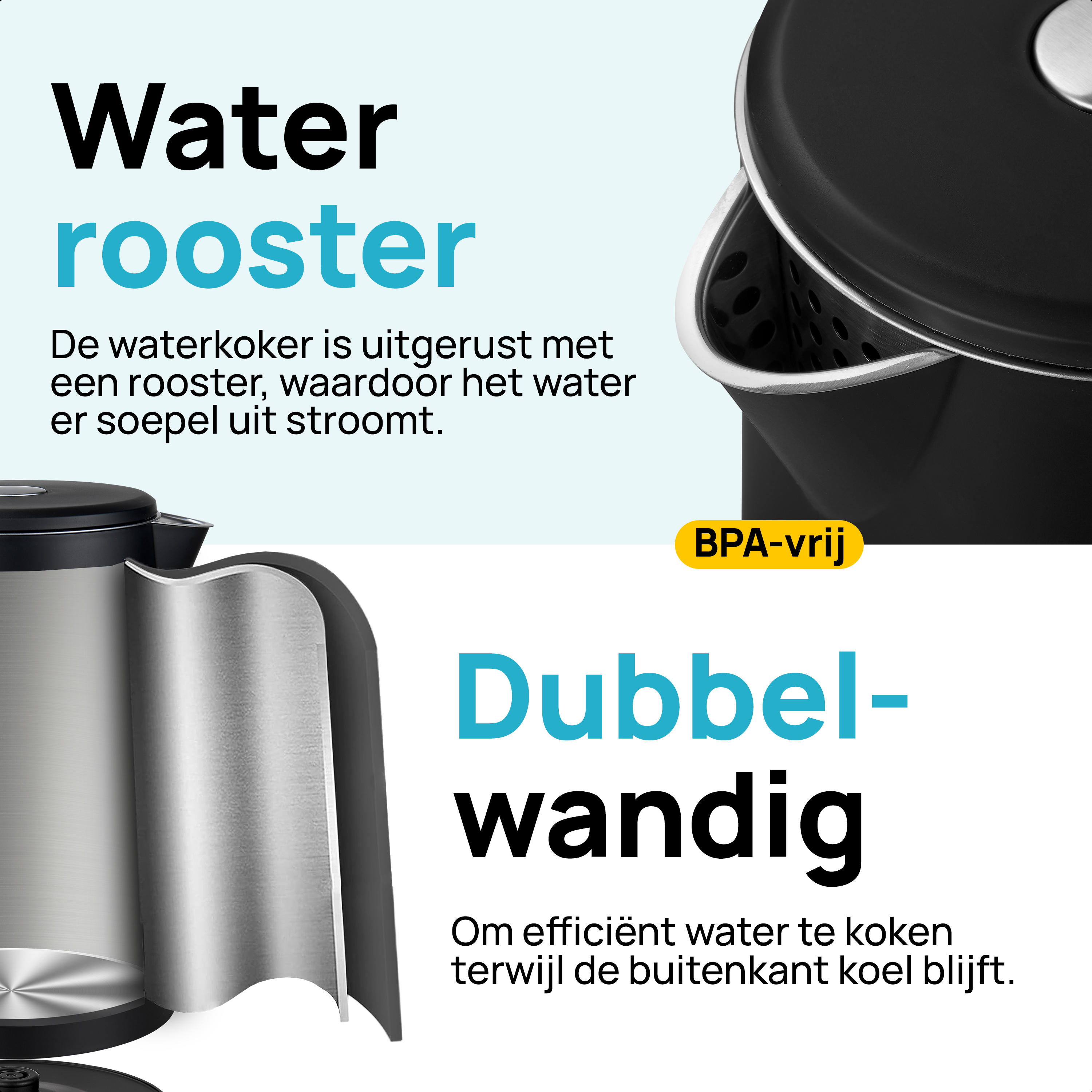 An advertisement for a water boiler. The text highlights the water boiler's features, shown with images.