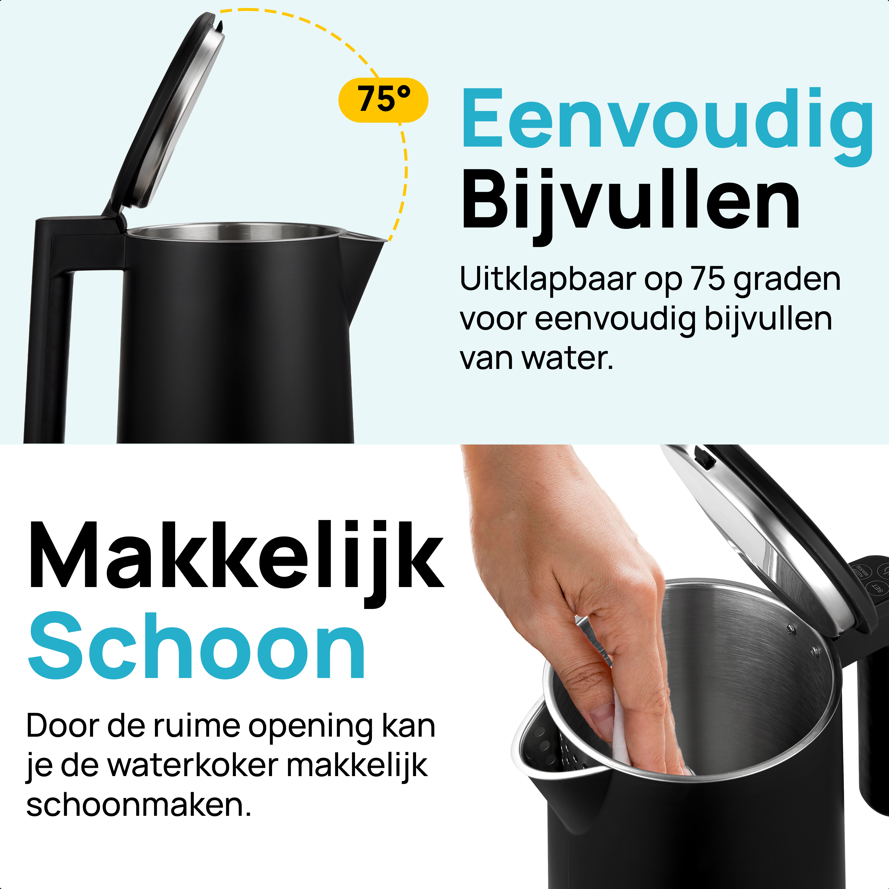 A black kettle. The lid is open. The text is in Dutch. A hand wipes the inside of the kettle.