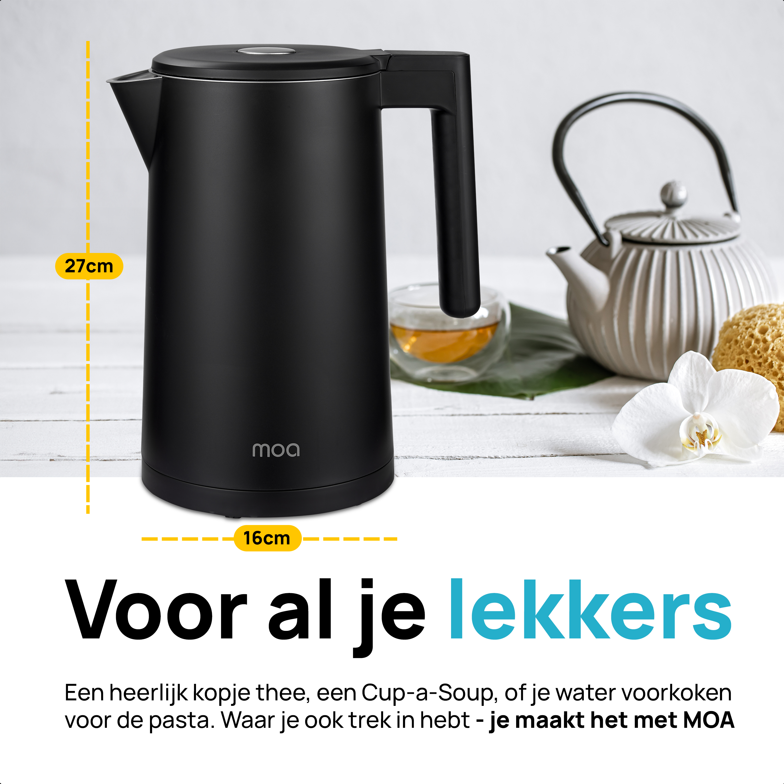 Black electric kettle with dimensions. White background with text. Tea cup and flower.