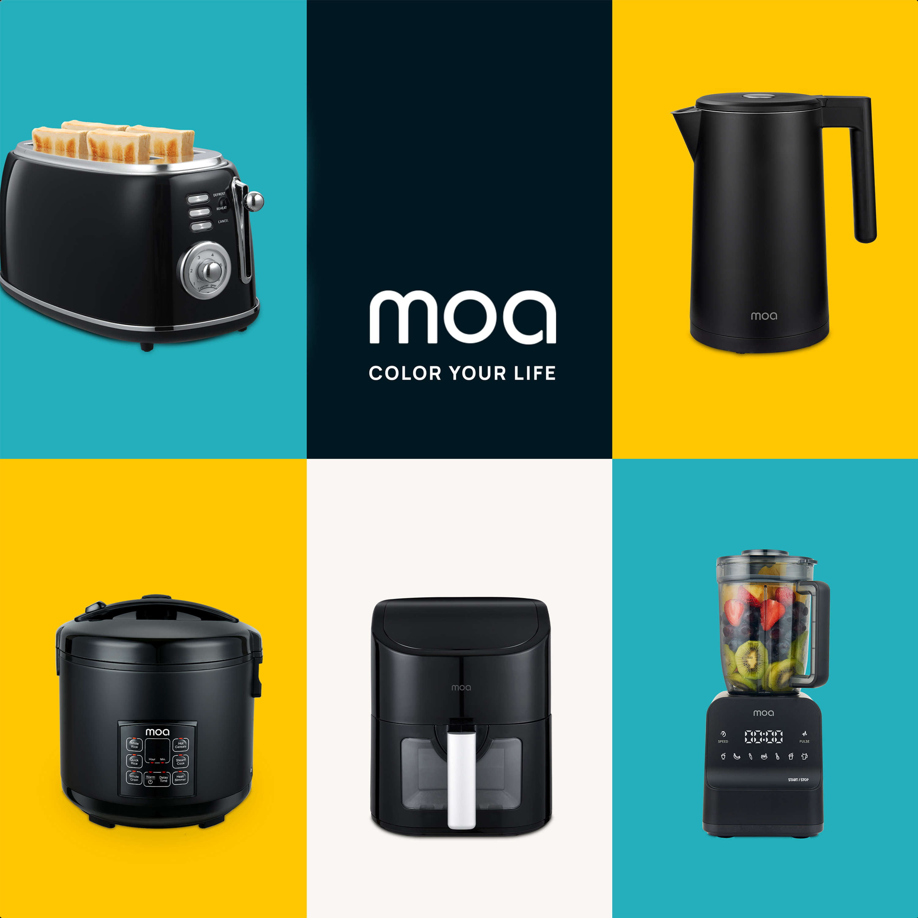 A collage of black kitchen appliances on colorful backgrounds, with 'moa COLOR YOUR LIFE' logo.