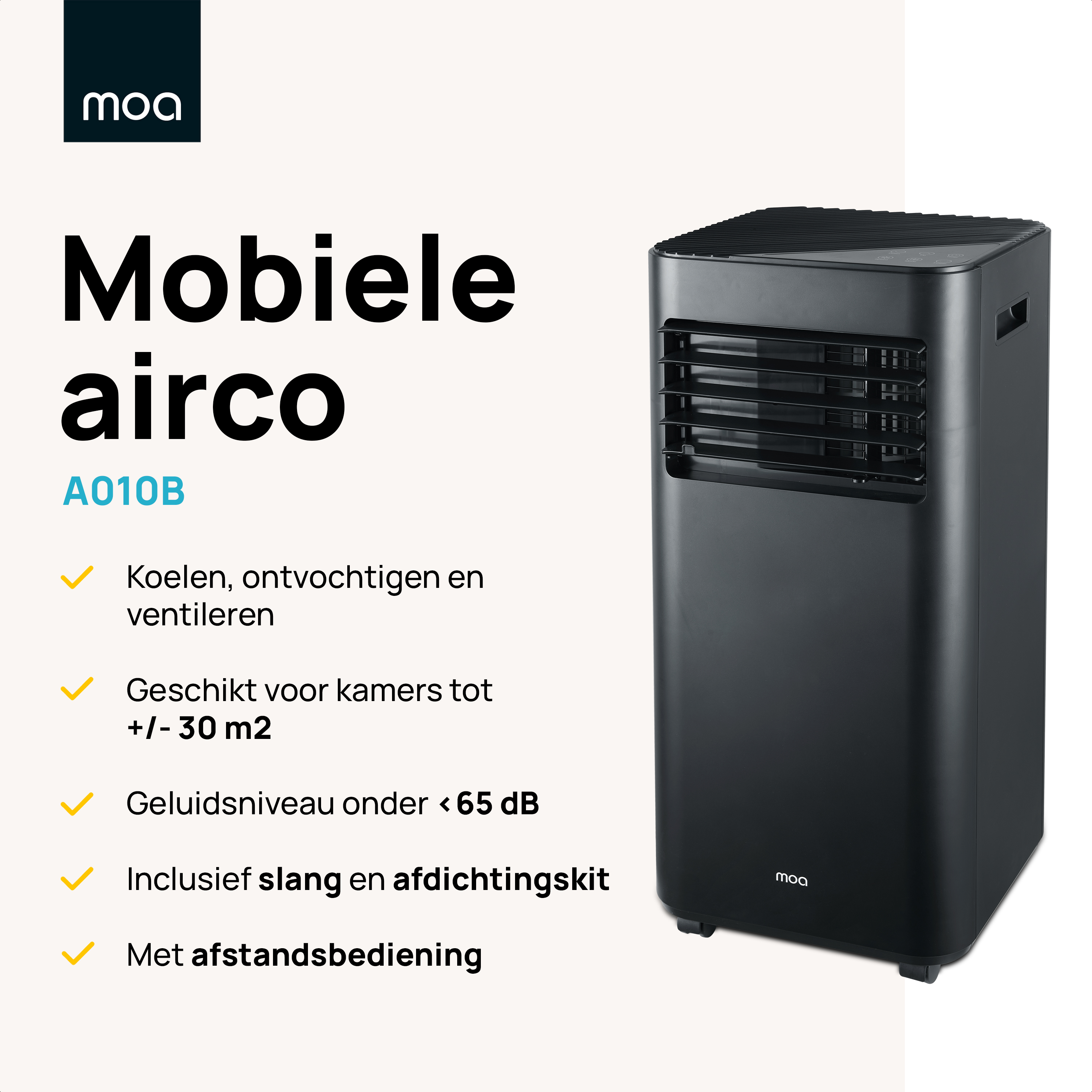 Black air conditioner with white text and icons on a white background, promotional image.