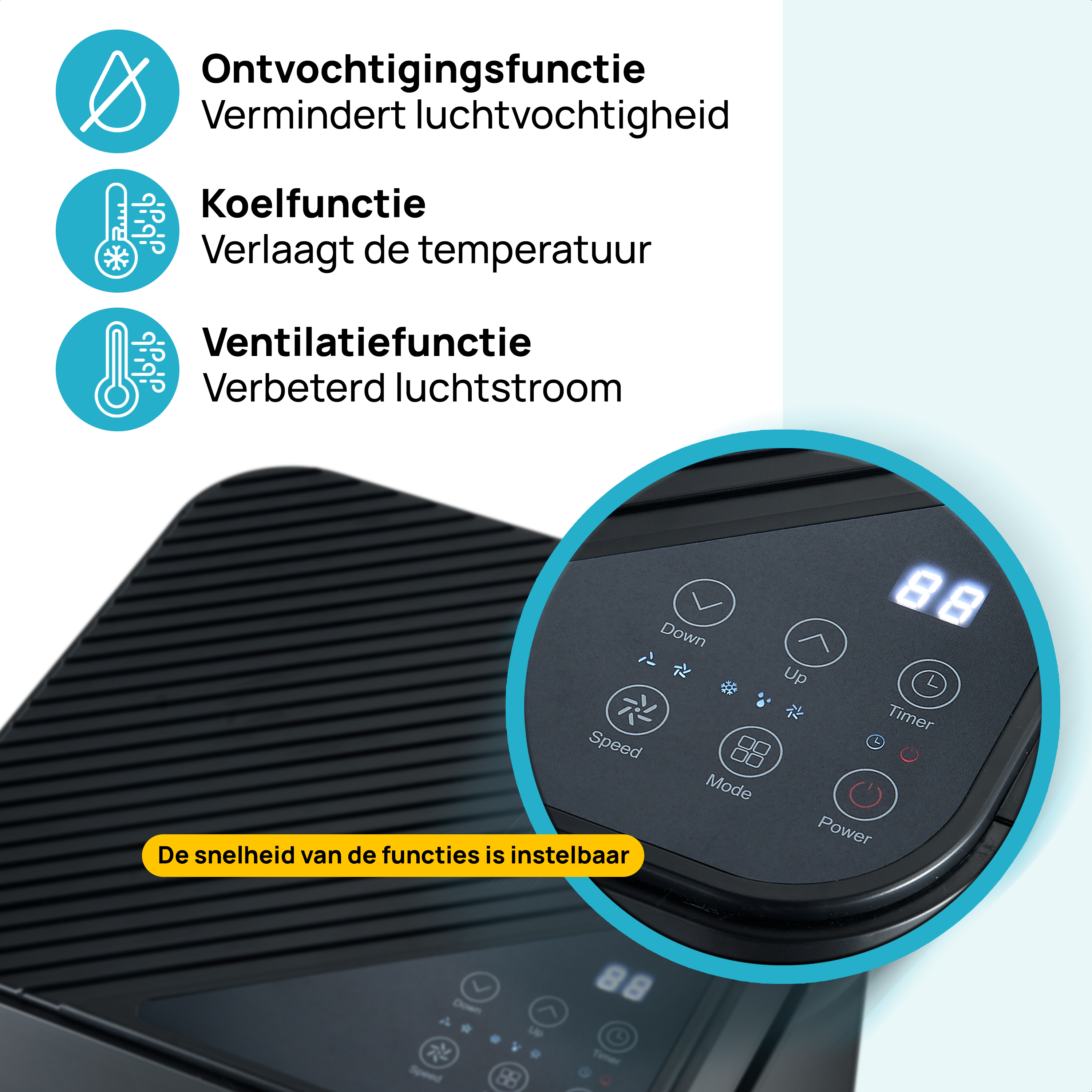 Black device with a digital display. Text describes functions like dehumidifying, cooling, and ventilation.