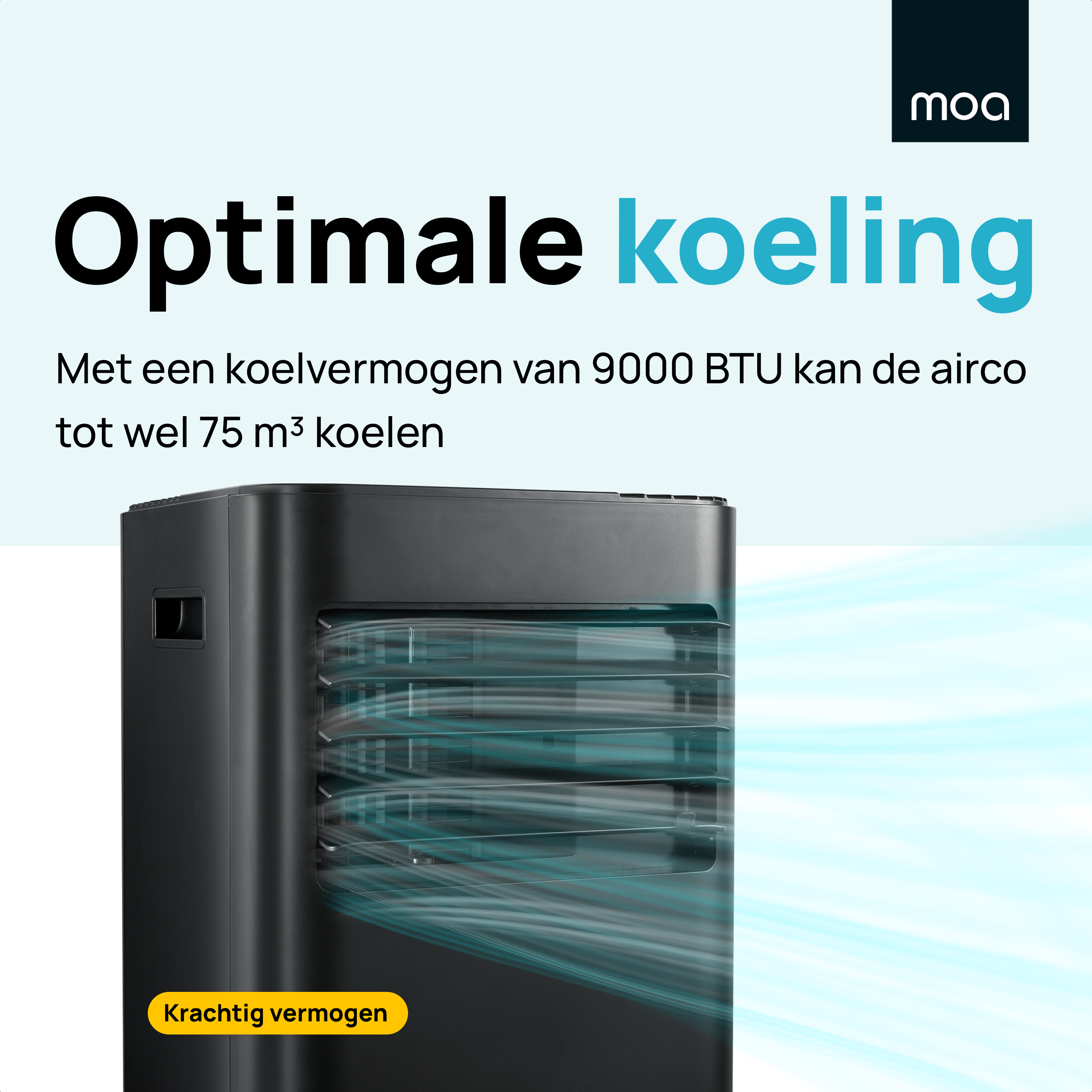 Black air conditioner with text 'Optimale koeling' and '9000 BTU can cool up to 75 m3'.