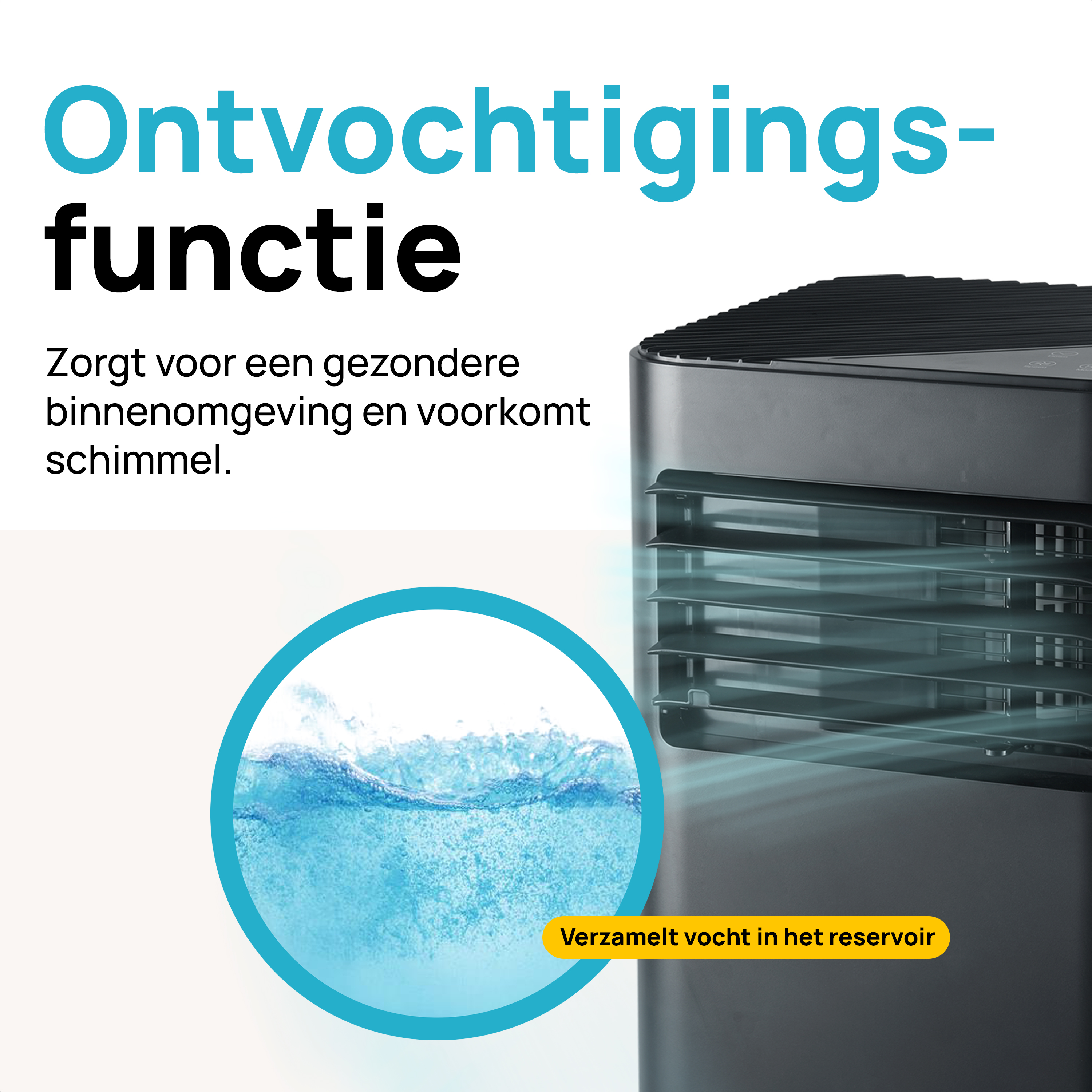 A dehumidifier with a water reservoir illustration. Text explains the function of the device.