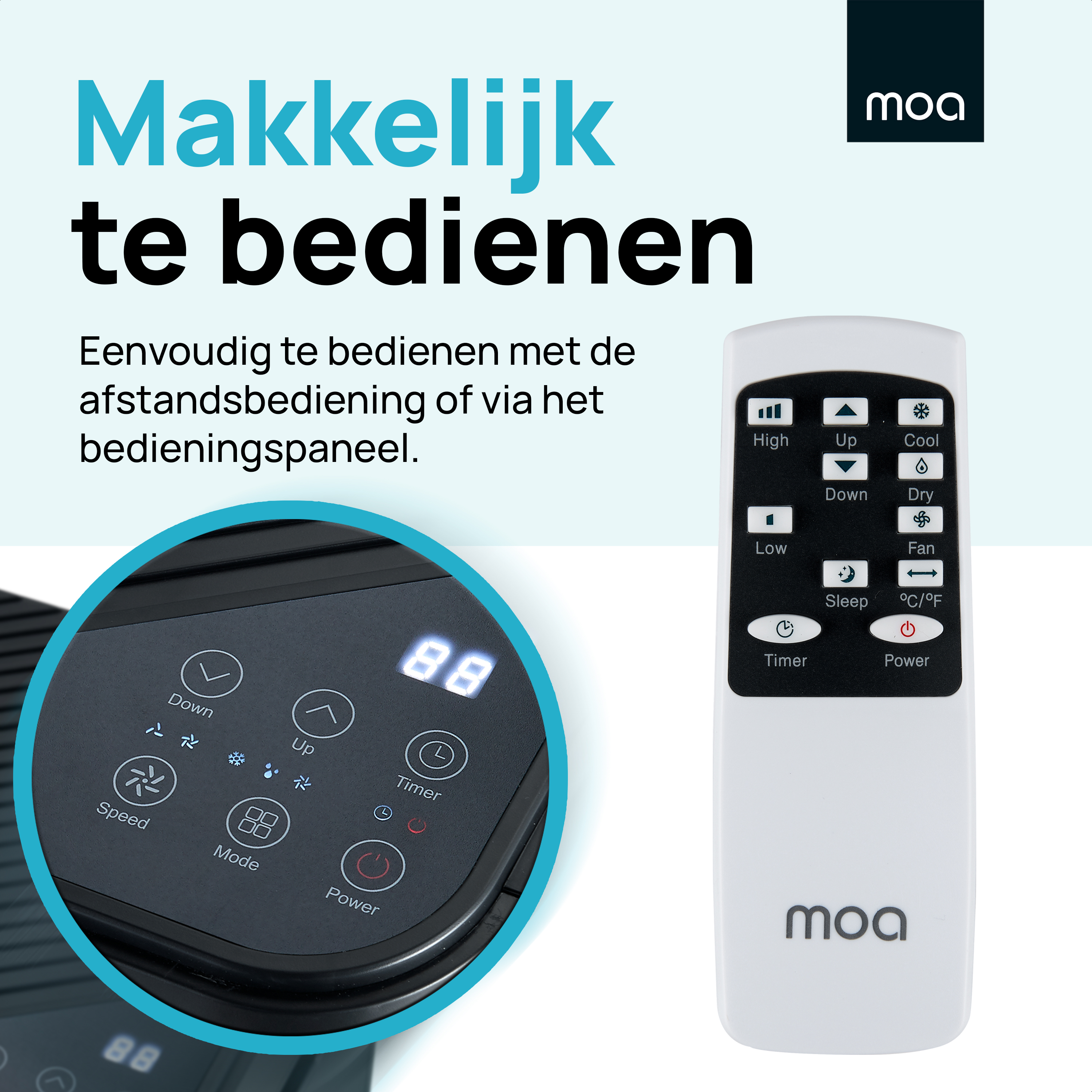 Air conditioner control panel and remote with text 'Makkelijk te bedienen'.