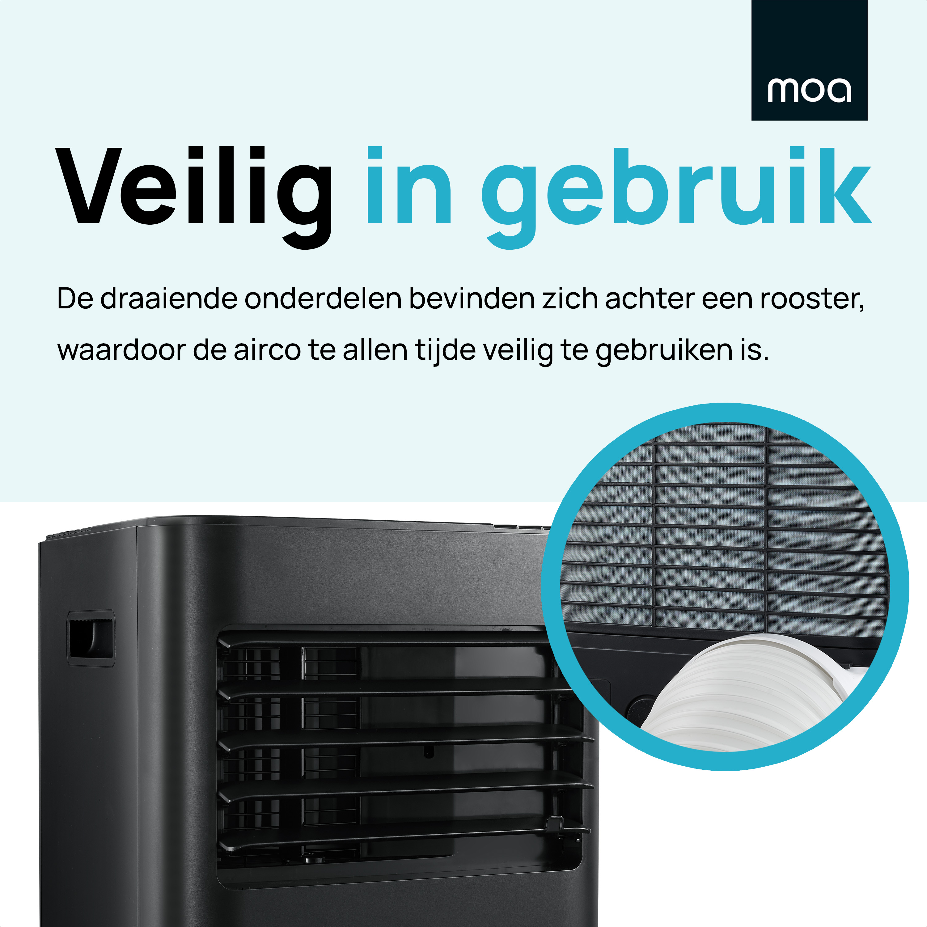 An air conditioner with a safety notice. The image highlights the safe use of the device.
