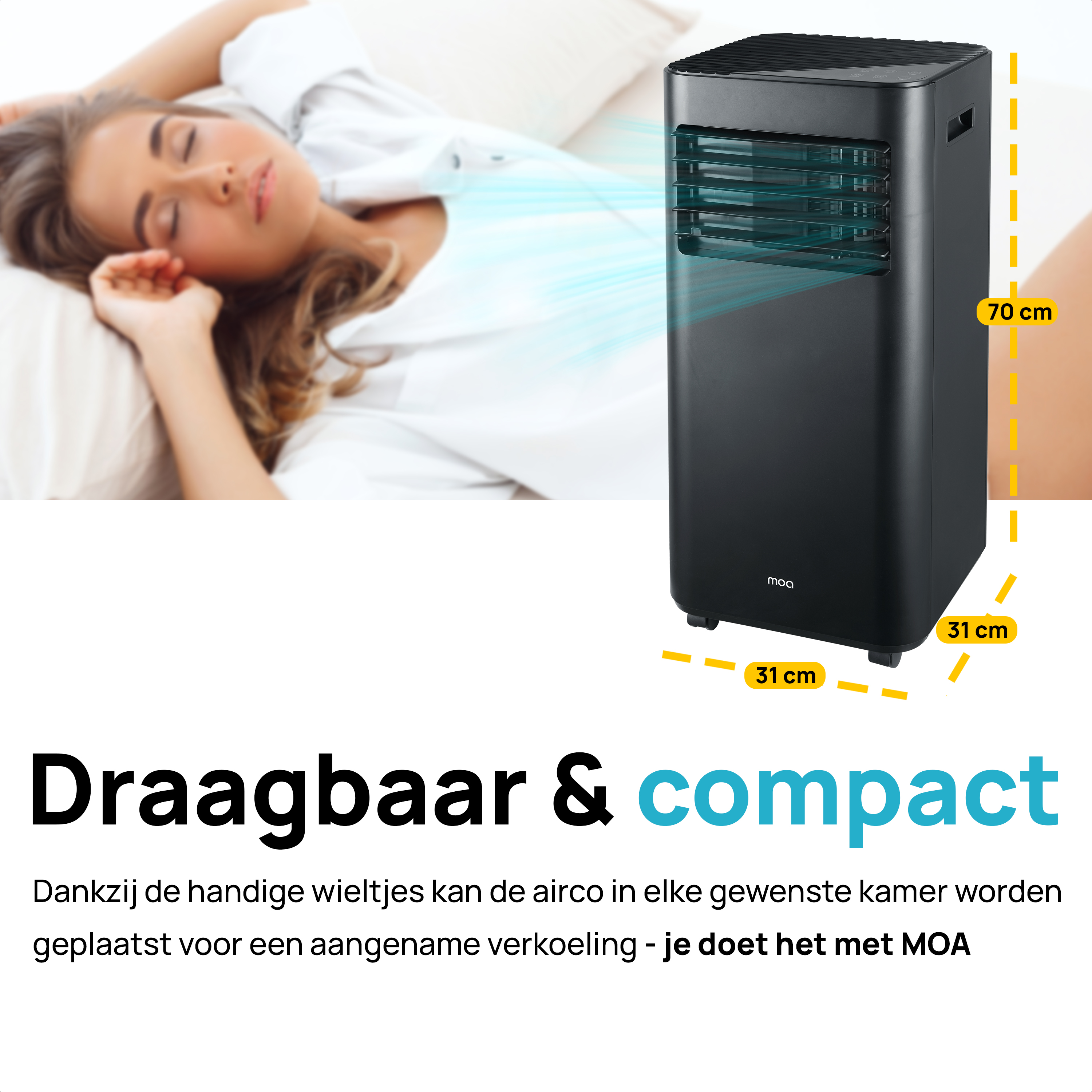Black portable air conditioner with dimensions, next to a woman sleeping in bed.